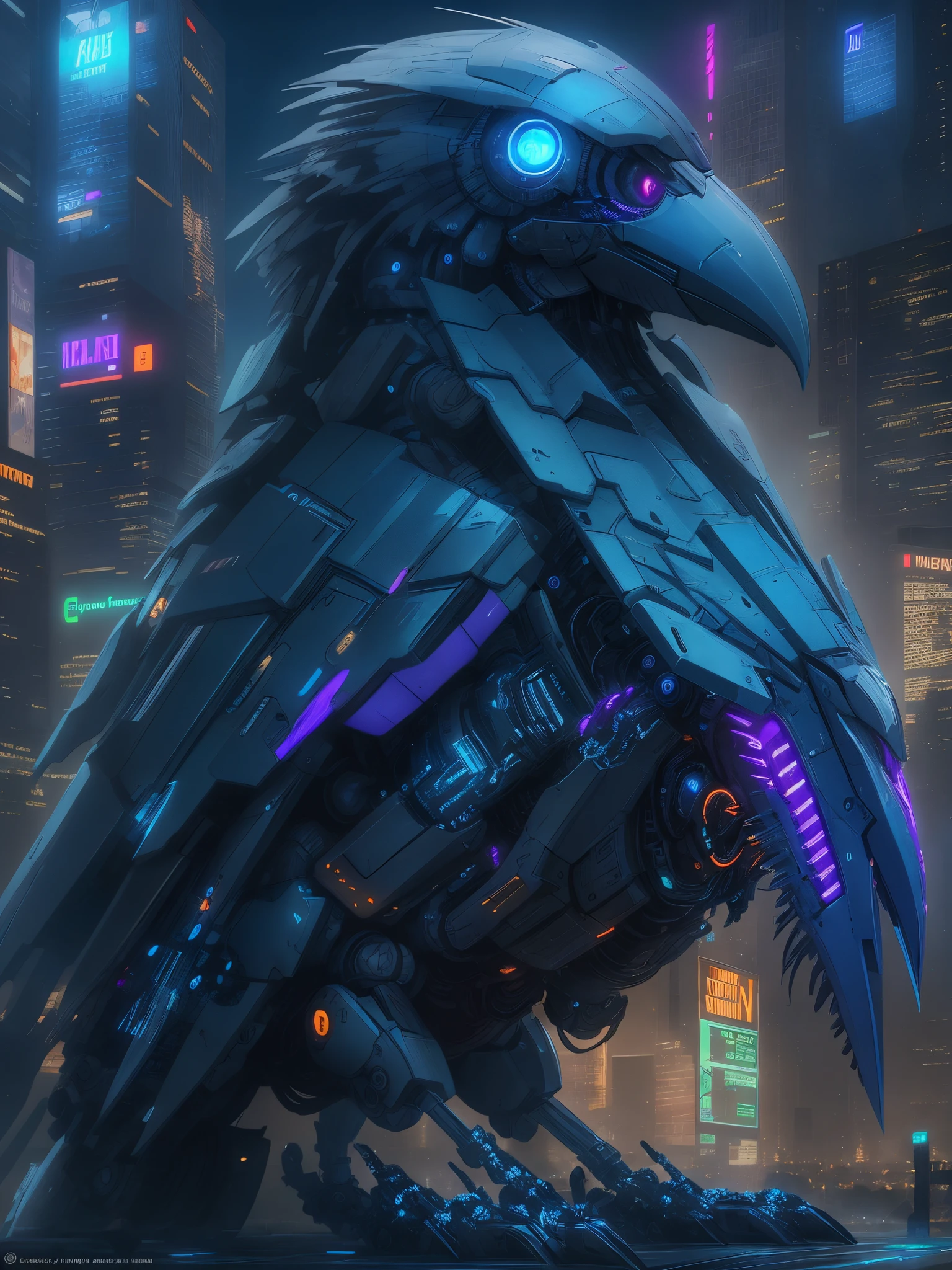 Ultra realistic digital painting of a purple mecha raven with neon blue bioluminescence, translucent materials, intricate machinery, metallic plating, glowing biological components, flying through city at night under moonlight, colorful, drawing, painting, sharp crisp lines, highly detailed, smooth textures, tone mapped, concept art, digital art, artstation, by Gregory Rutkowski.