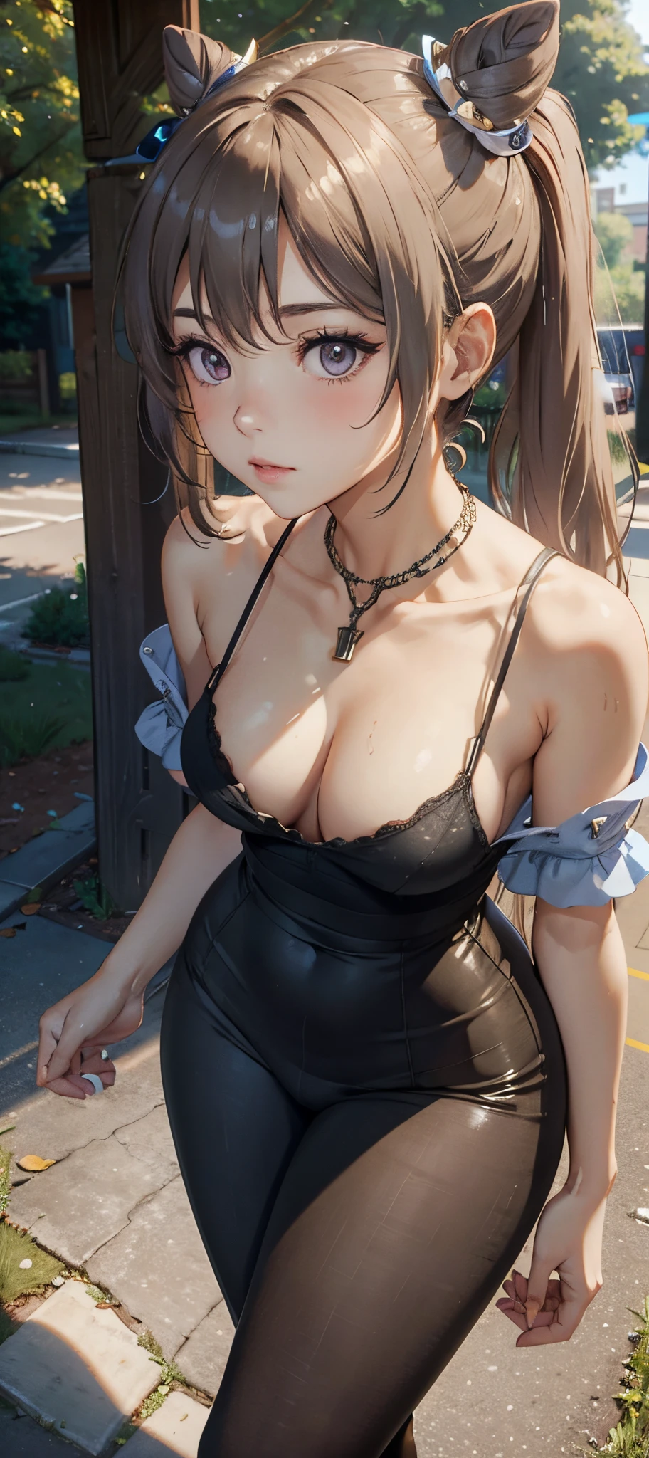 light-brown hair, small breasts, slim waist, thick thighs, shapely butt, slim body, ponytail, tight blouse, long skirt, cleavage, necklace, seductive posture, breast squeeze, downblouse, leaning forward, park, path, trees, flowers, distant city in the background, looking at viewer