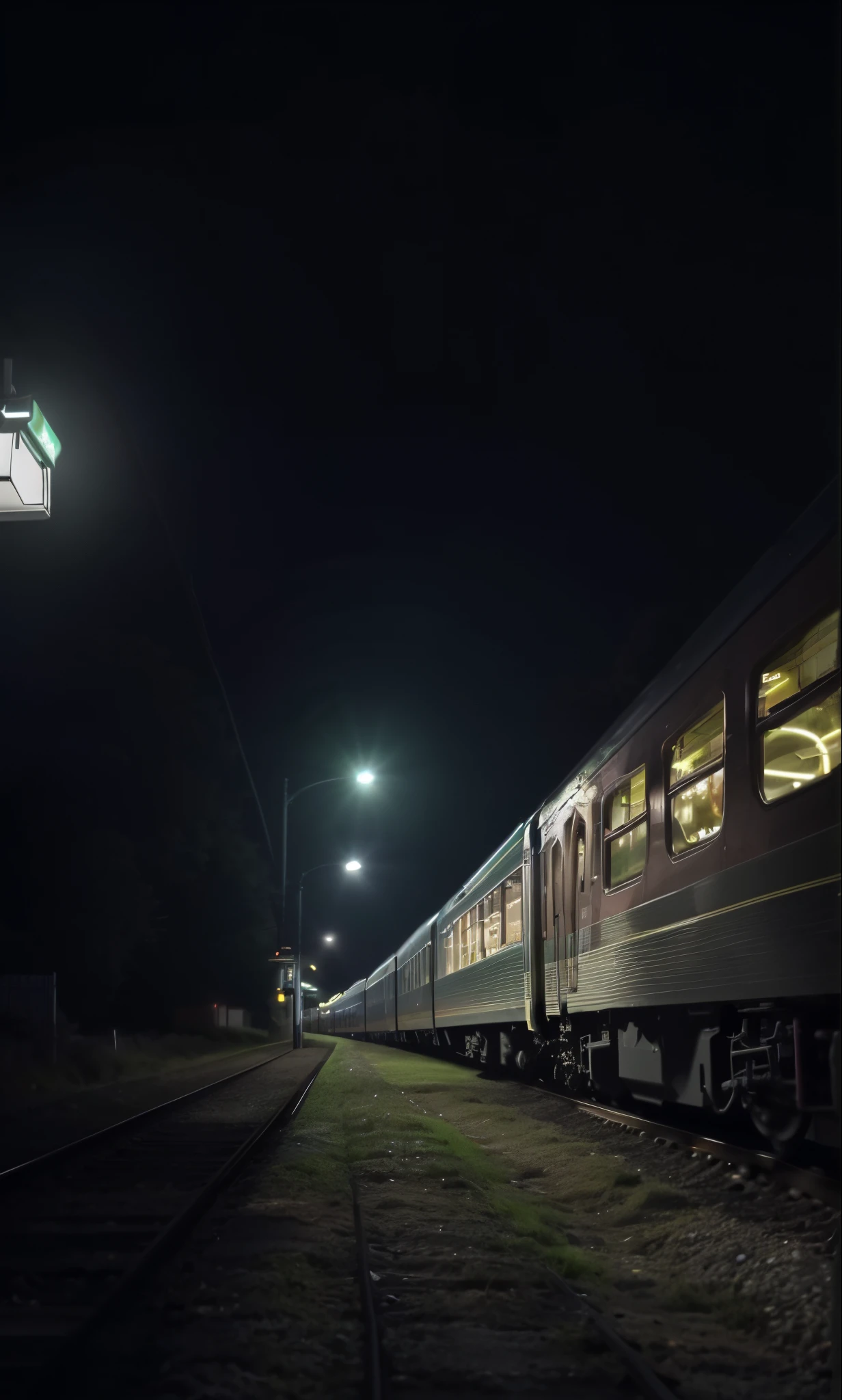 spiked train on a track at night with lights on, train station, foto da noite, late night melancholic photo, Trens, train station background