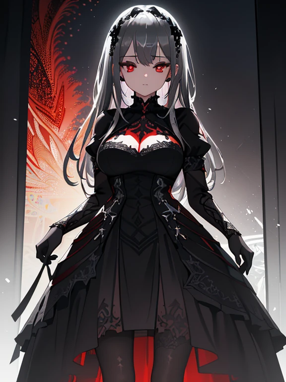 envision a 8k, highres, cinematic, beautiful full body design sheet of a girl named Shiori Novella with long black and white hair with hair ornaments, Narrowed Amber eyes, with a dark book of spells, wearing a goth military Lolita dress and red cape against a dark background