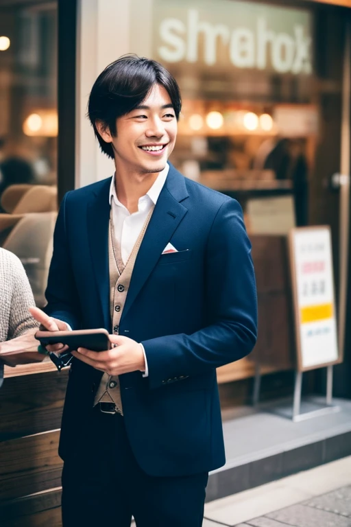 Handsome and smiling Japanese man looking at his smartphone x2,There are two 30-year-old Japanese men.,I have a smartphone,wears a suit,2guys,close,combi,Looking here