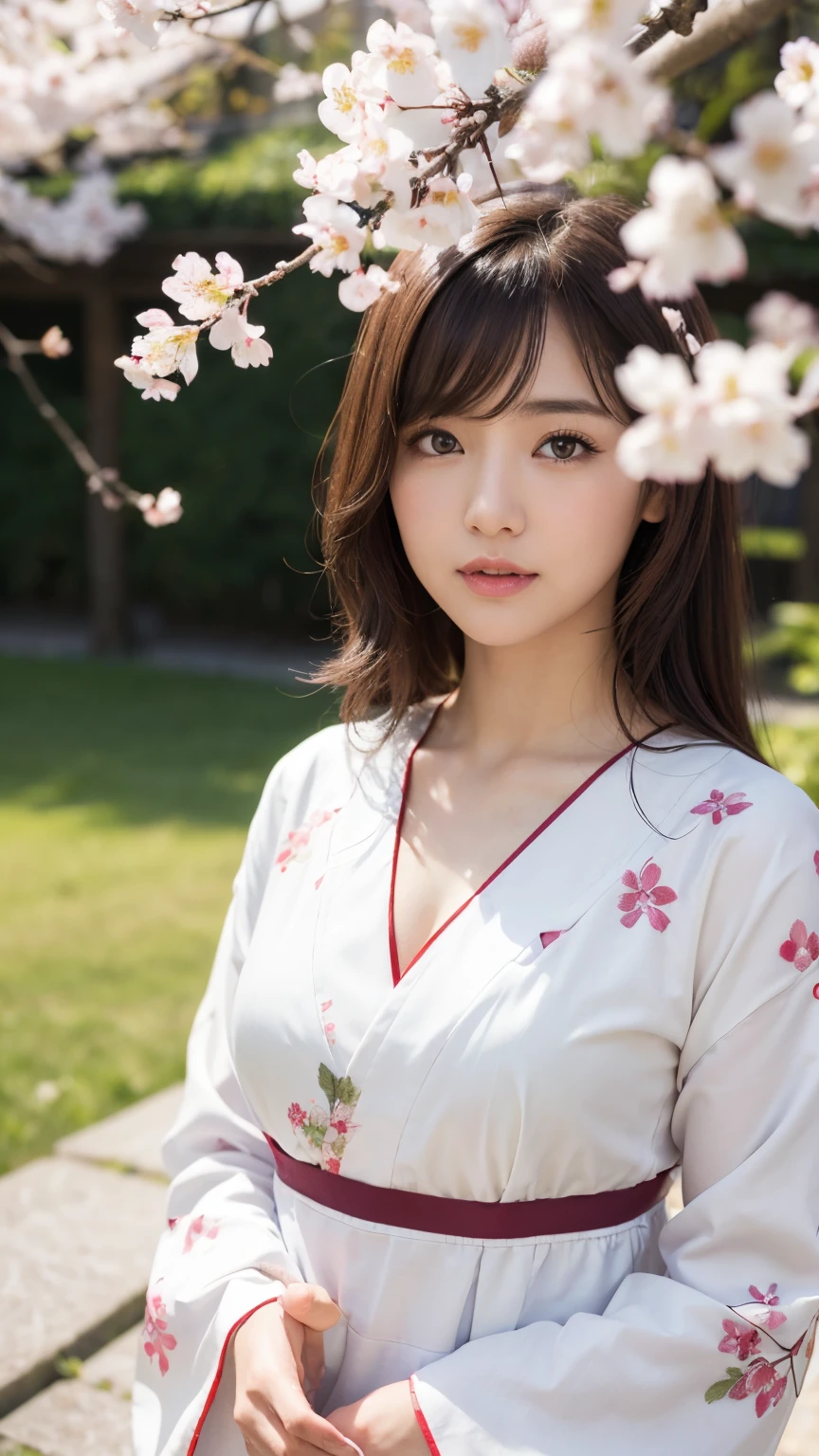 (A logo、masterpiece、8K、masutepiece、Raw photo、Fantastic、Best Quality、8K wallpaper that integrates photorealistic and high-definition CG、hightquality、ighly detailed、epic poem、Particle effect、Dynamic effects、depth of fields、Cinematic Light、Lens Flare、Ray tracing)、Fantasia、 (Beauty 1 person、White Japanese Clothing、Japanese dress、White cherry blossom pattern、White cherry blossom embroidery pattern、A dark-haired、Beautiful face、Real Face、beautiful details eyes beautiful skin)、Hair flutters in the wind、Hair jumps、Pink cherry blossom tree、Petals flutter、Sakura blizzard、Superb view、morning glow、Sun in the background、the wind、Deities、tusk、myth、Vast Land、