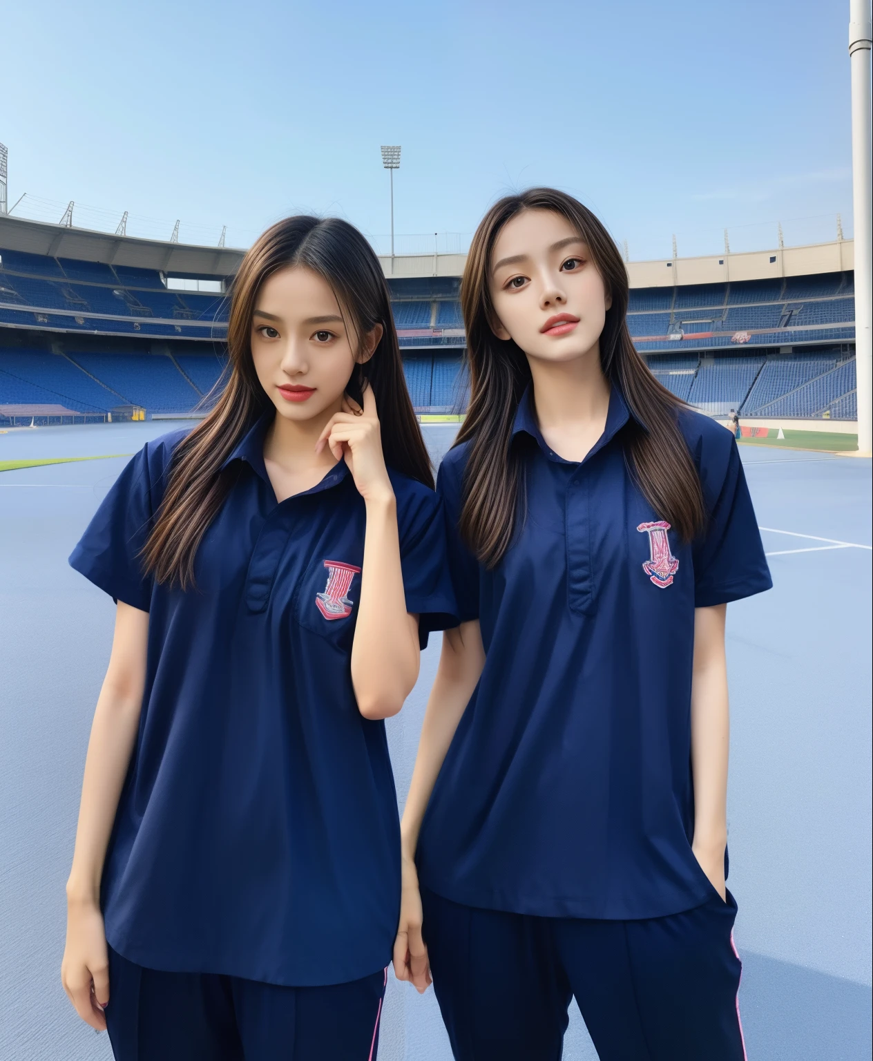 (bestquality,10,10,highres,masterpiece:1.2),ultra-detail,(Realistic,photorealistic portrait,photo-realistic:1.37),1 Cute girl in the football field,oily shiny skin,bara,light smile,BDclothelue shirt:1.3)),short sleeves,shirt, trousers.,(navy_long_Pants Track:1.1), ((Stadium Background:1.3)),dynamic angle,excited,face focus,Dynamic Poses,from behide,Ass Focus,masterpiece, bestquality, ultra realistic, hyper-detail, 8k resolution, RAW photo, crisp focus, ((Navy blue shirt:1.1)), short sleeves, Long Path, Perfect body, 2 mature women, 18yo, cinematic light,Blue sweatpants,Gymware,Correct anatomy,Complete body, Correct body, sharp face, Anatomically correct body, full entire body, Realistic gestures, long-haired, Realistic poses,Wear long shorts.........................................,Long leg span,Shapely,Sculpting Girl, Slender Figure, mannequin mannequins, Shapely, Beautiful body,Blue sweatpants, Two girls kissing