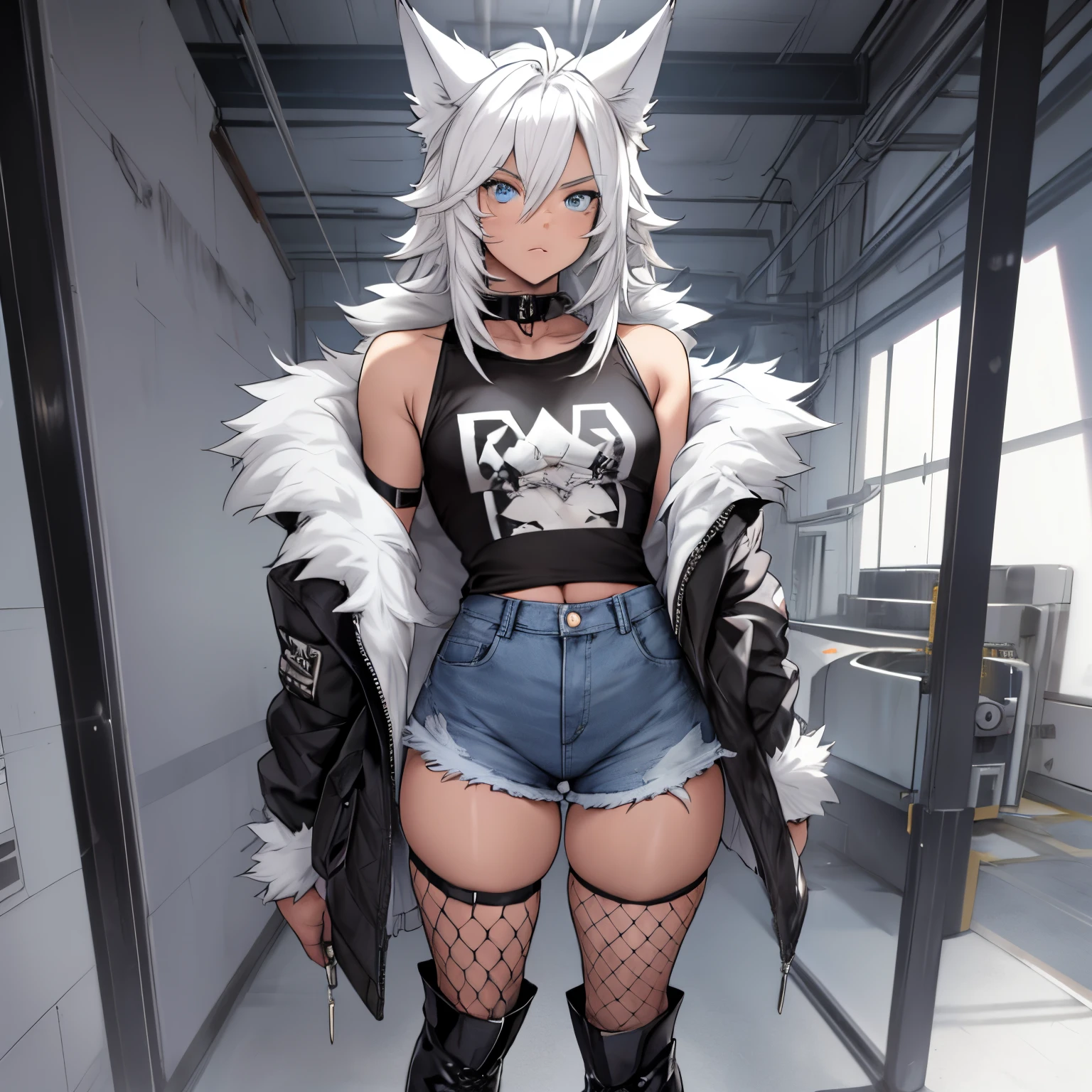 Single boy, Anime Femboy, Short, Long white hair, wolf ears, wolf tail, blue eyes, wearing short denim shorts, thigh high fishnets, black combat boots, wearing fur lined open jacket, flat chest, super flat chest, wearing cropped t-shirt, solo femboy, only one femboy ((FLAT CHEST)) solo, alone, (SOLO)(ALONE) thicc thighs, wide hips, blue eyes, perfect eyes, perfect face, pouty lips, happy