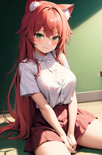 masterpiece, best quality,  1girl, solo, smile, red hair, long hair, 25 years old, cat ears, skimpy little skirt, white buttoned shirt, shirt half undone, looking at viewer, short sleeves, green eyes, alternate hairstyle, blush, neck ruff, hair between eyes, full body, big breasts