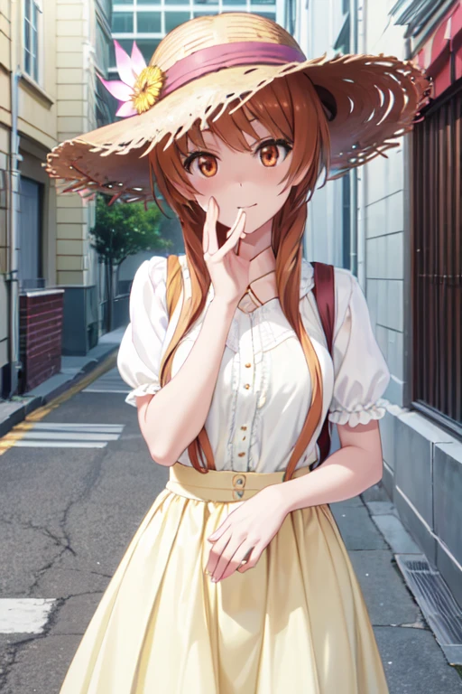 (Highly detailed CG Unity 8K wallpaper artwork), (Best Quality), (Ultra-detailed), (Best Illustration), (Best Shadow), (absurderes), 1girl in, Solo, Marika Tachibana, Dressig straw hat with integrated white skirt，Looking at Viewer, hand on own face, , smug, ，In the street