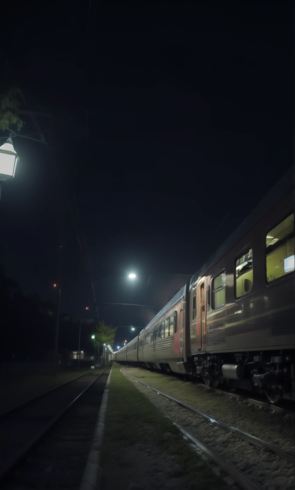 spiked train on a track at night with lights on, train station, foto da noite, late night melancholic photo, Trens, train station background