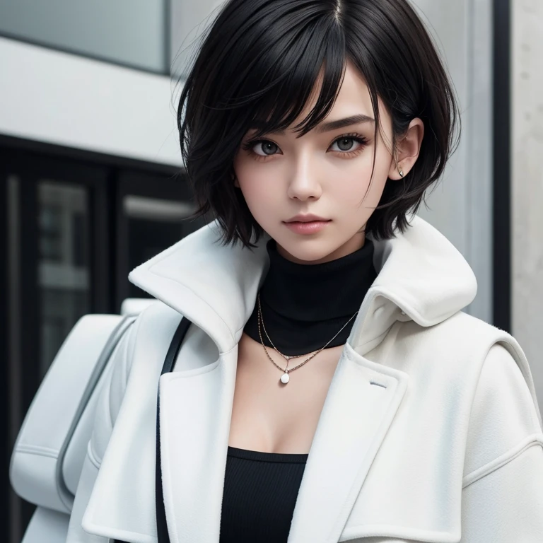 Girl, short_hair_layered, best_quality, master_piece, black_Turtleneck, white_coat_jacket, black_necklace, Aesthetic