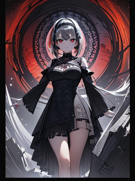((masterpiece、top-quality:1.5、a high chroma:1.5、ultra-detailliert、high-resolution illustrations:1.5、Ultra-high-definition CG、8k size wallpaper、offcial art))、((s fractal art:1.5))、(highly colorful:1.5),(front view:1.8),(1girl),(Cute s:1.5)(Shining red eyes:1.5),(Beautiful face:1.5,Beautiful eyes:1.5)、(close to viewer:1.5),
(clear face:1.3)、(sexy body),((Detailed dark fantasy dress with black and silver highlights:1.5)),((intricate detailes,detailed dress)), (Beautiful dress in every detail),(large breasts:1.5),(Shining red eyes:1.2),Dark Fantasy
