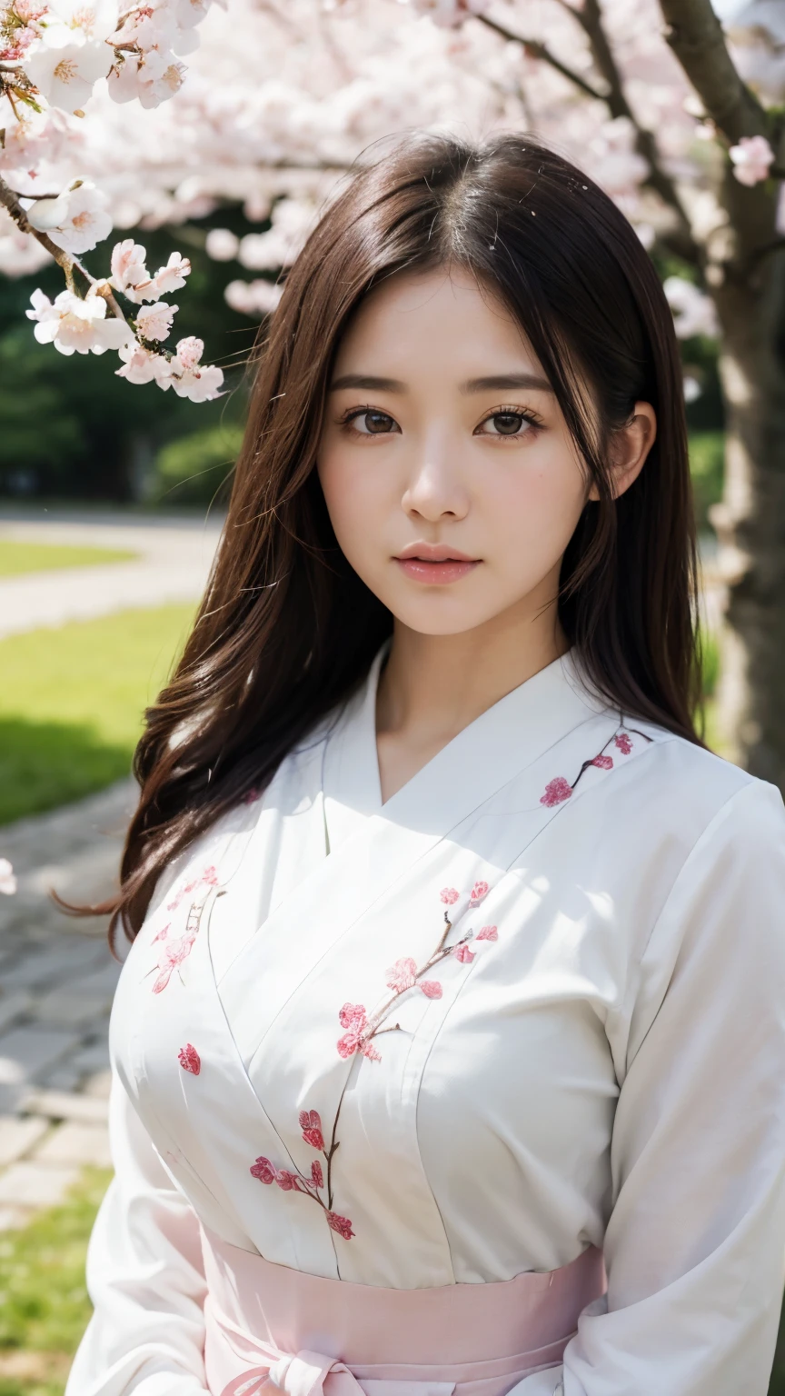 (A logo、masterpiece、8K、masutepiece、Raw photo、Fantastic、Best Quality、8K wallpaper that integrates photorealistic and high-definition CG、hightquality、ighly detailed、epic poem、Particle effect、Dynamic effects、depth of fields、Cinematic Light、Lens Flare、Ray tracing)、Fantasia、 (Beauty 1 person、White Japanese Clothing、Japanese dress、White cherry blossom pattern、White cherry blossom embroidery pattern、A dark-haired、Beautiful face、Real Face、beautiful details eyes beautiful skin)、Hair flutters in the wind、Hair jumps、Pink cherry blossom tree、Petals flutter、Sakura blizzard、Superb view、morning glow、Sun in the background、the wind、Deities、tusk、myth、Vast Land、