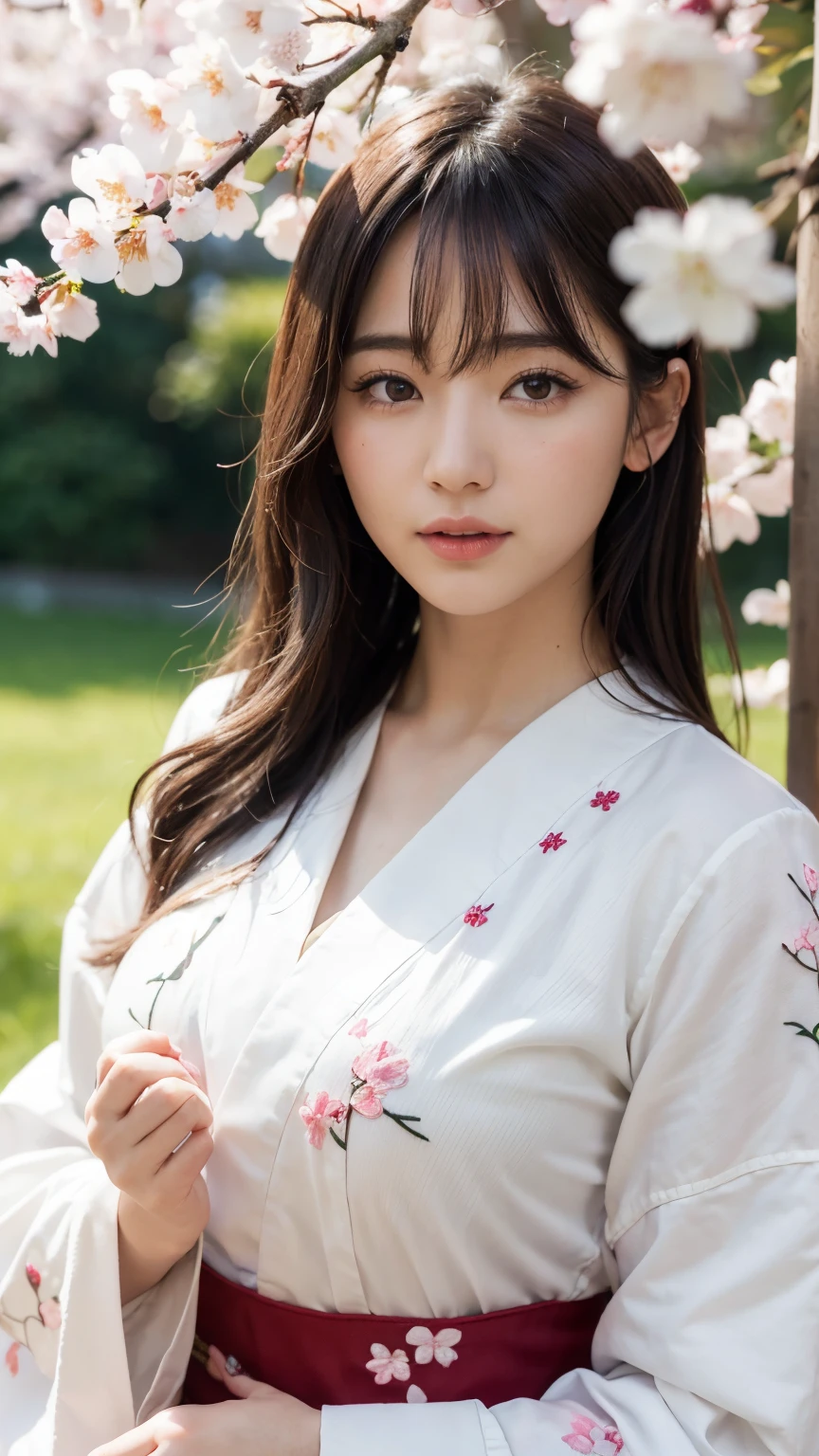 (A logo、masterpiece、8K、masutepiece、Raw photo、Fantastic、Best Quality、8K wallpaper that integrates photorealistic and high-definition CG、hightquality、ighly detailed、epic poem、Particle effect、Dynamic effects、depth of fields、Cinematic Light、Lens Flare、Ray tracing)、Fantasia、 (Beauty 1 person、White Japanese Clothing、Japanese dress、White cherry blossom pattern、White cherry blossom embroidery pattern、A dark-haired、Beautiful face、Real Face、beautiful details eyes beautiful skin)、Hair flutters in the wind、Hair jumps、Pink cherry blossom tree、Petals flutter、Sakura blizzard、Superb view、morning glow、Sun in the background、the wind、Deities、tusk、myth、Vast Land、
