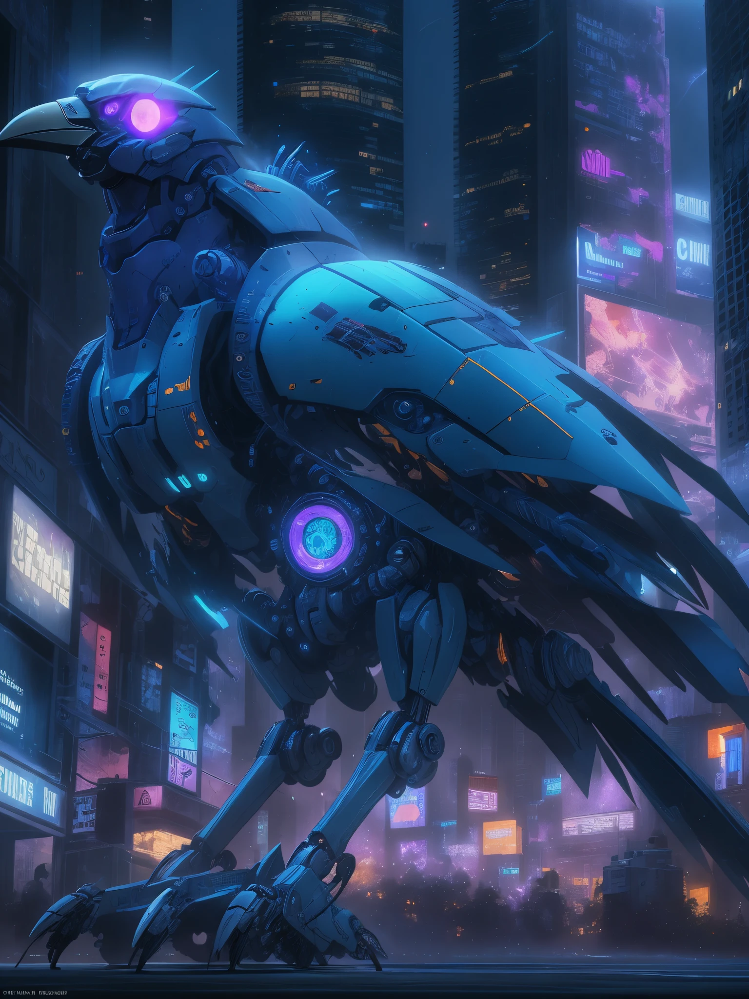 Ultra realistic digital painting of a purple mecha raven with neon blue bioluminescence, translucent materials, intricate machinery, metallic plating, glowing biological components, flying through city at night under moonlight, colorful, drawing, painting, sharp crisp lines, highly detailed, smooth textures, tone mapped, concept art, digital art, artstation, by Gregory Rutkowski.