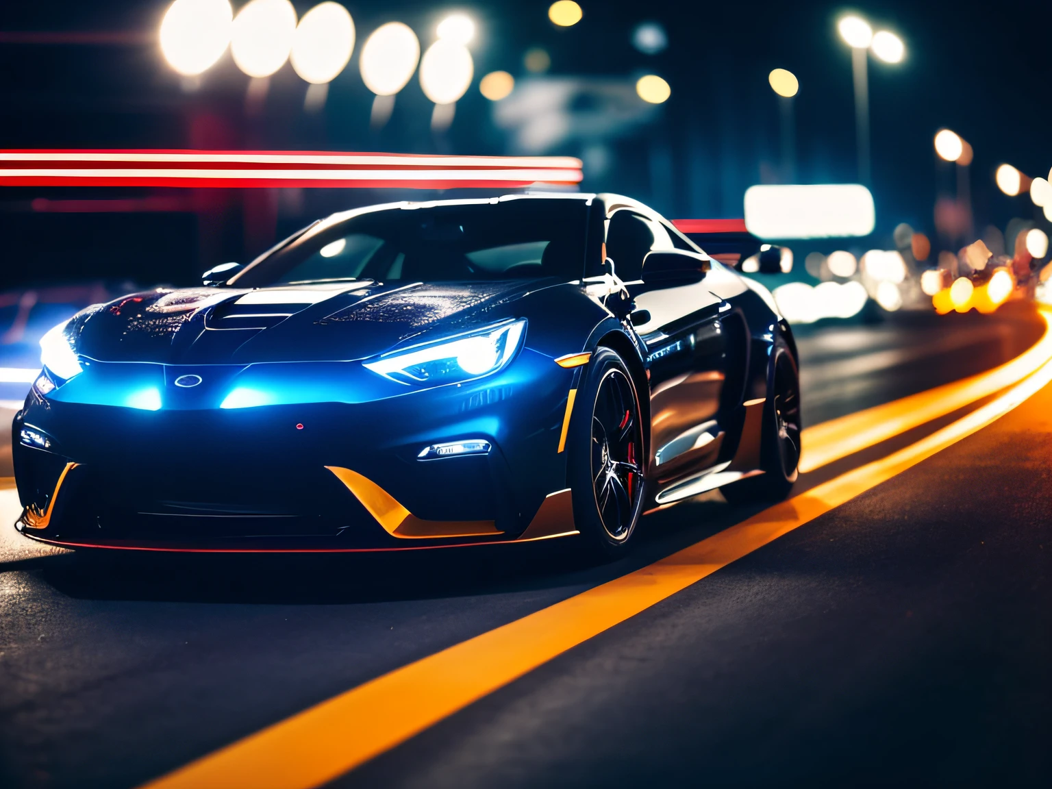 Cars driving on city streets at night, automotive photography, auto photography, vehicle photography, car commercial photograph, V-rays,Car headlight close-up,Cool lighting effects