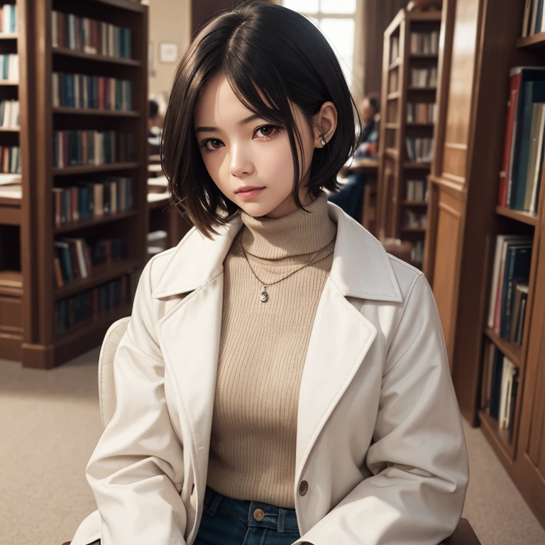 Girl, short_hair_layered, best_quality, master_piece, black_Turtleneck, white_coat_jacket, black_necklace, Aesthetic, 15_years, library