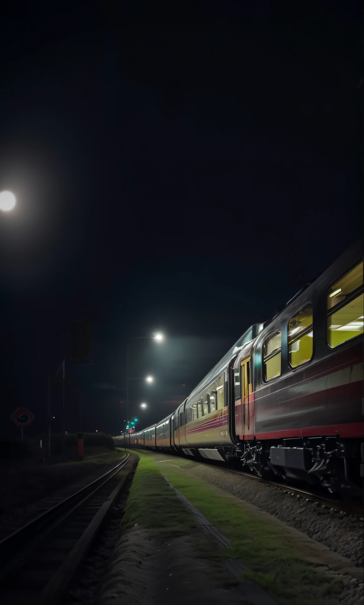 spiked train on a track at night with lights on, train station, foto da noite, late night melancholic photo, Trens, train station background