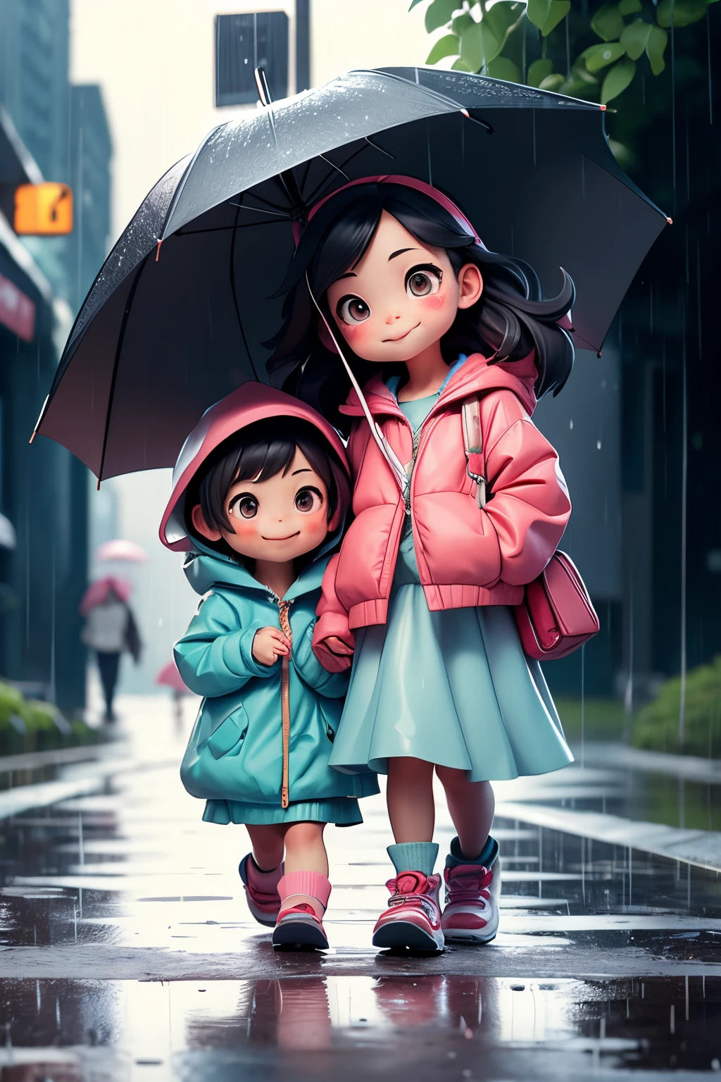 Photo of parent and child holding umbrella on rainy day、Umbrellas are great、bustup、Eye Up、The road surface is wet、She enjoys the rain