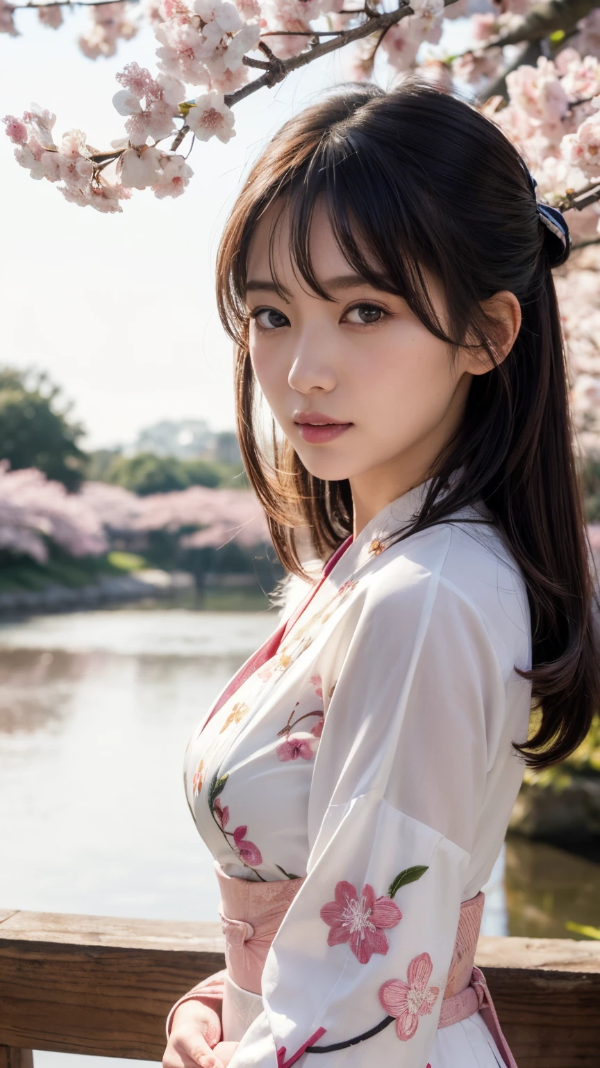 (A logo、masterpiece、8K、masutepiece、Raw photo、Fantastic、Best Quality、8K wallpaper that integrates photorealistic and high-definition CG、hightquality、ighly detailed、epic poem、Particle effect、Dynamic effects、depth of fields、Cinematic Light、Lens Flare、Ray tracing)、Fantasia、 (Beauty 1 person、White Japanese Clothing、Japanese dress、White cherry blossom pattern、White cherry blossom embroidery pattern、A dark-haired、Beautiful face、Real Face、beautiful details eyes beautiful skin)、Hair flutters in the wind、Hair jumps、Pink cherry blossom tree、Petals flutter、Sakura blizzard、Superb view、morning glow、Sun in the background、the wind、Deities、tusk、myth、Vast Land、