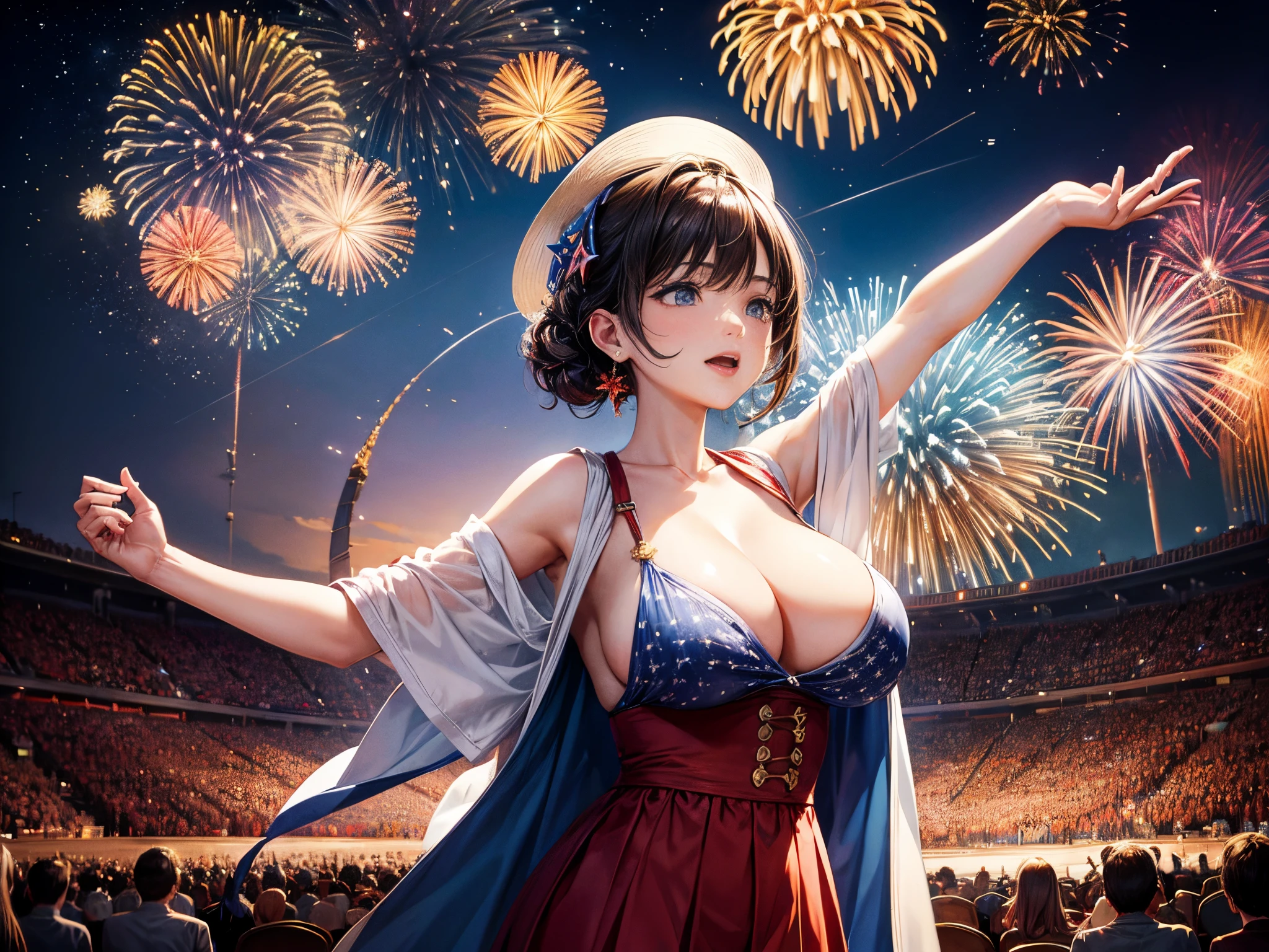 Illustrate a patriotic orchestra performing beneath a sky filled with fractal fireworks, harmonizing the spirit of Independence Day with a visual and musical spectacle. enormous tits