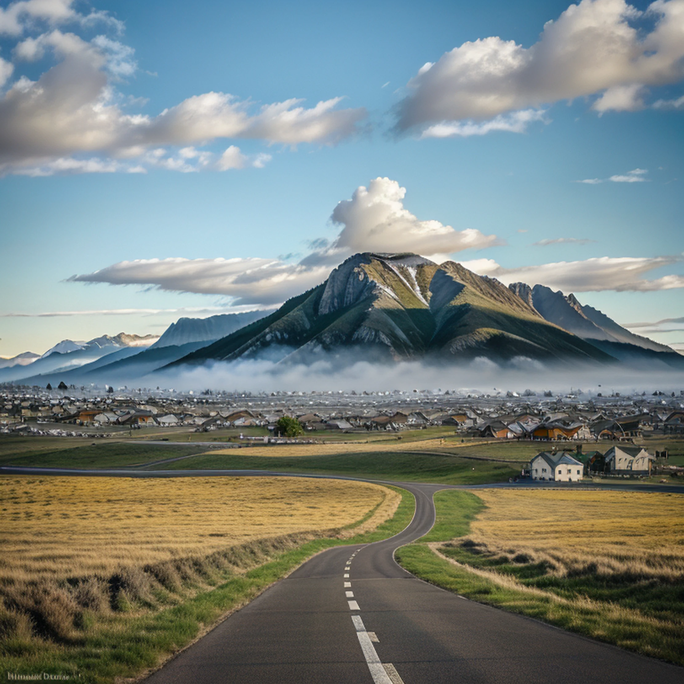 Best quality, masterpiece, super high resolution, (realism: 1.4), oil painting style, film lighting, endless grassland dotted with a few homes, I stood on the empty asphalt road and looked at it, the fairy mountains were foggy, and the cranes were flying