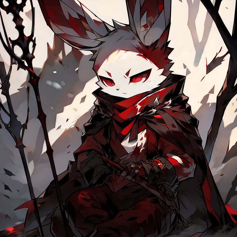 ( male white bunny)   ( forest cover in snow  )  ( body covered in blood) ( death glare  )  ( sitting )   (Black pants with red symbol on it )   (red eyes ) ( staff in the Snow) ( emotionless in the eyes)  
( detail)  ( Dead body ).  ( Black cloak with red pattern on it)