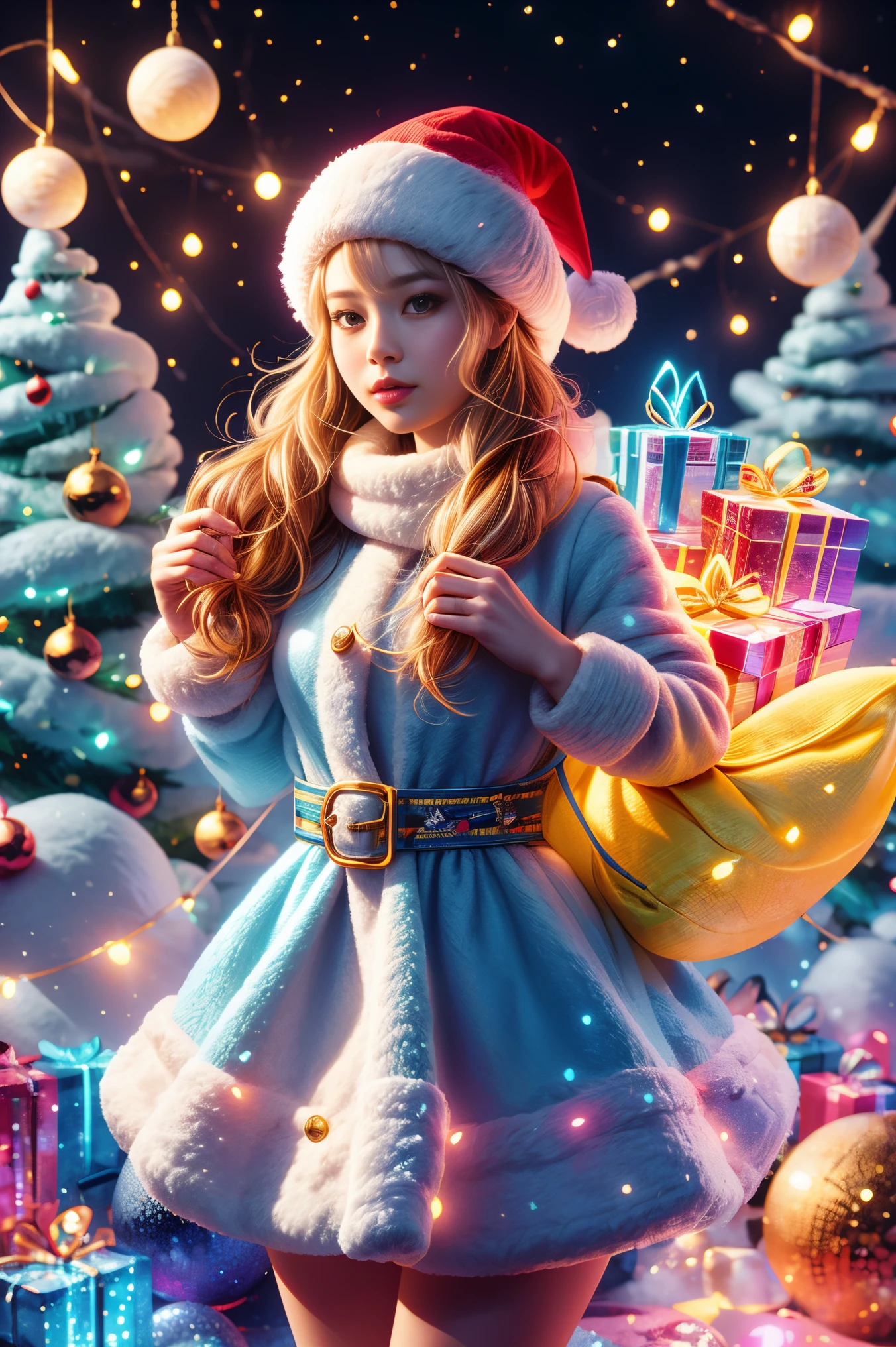 Christmas, a cute and beautiful Chinese girl wearing a glowing traditional Santa Claus costume, carrying a transparent glowing backpack, holding a beautiful Christmas wreath in both hands, standing in a bright and warm Christmas decorated room, looking at the audience, First person perspective, photo album, seven clones