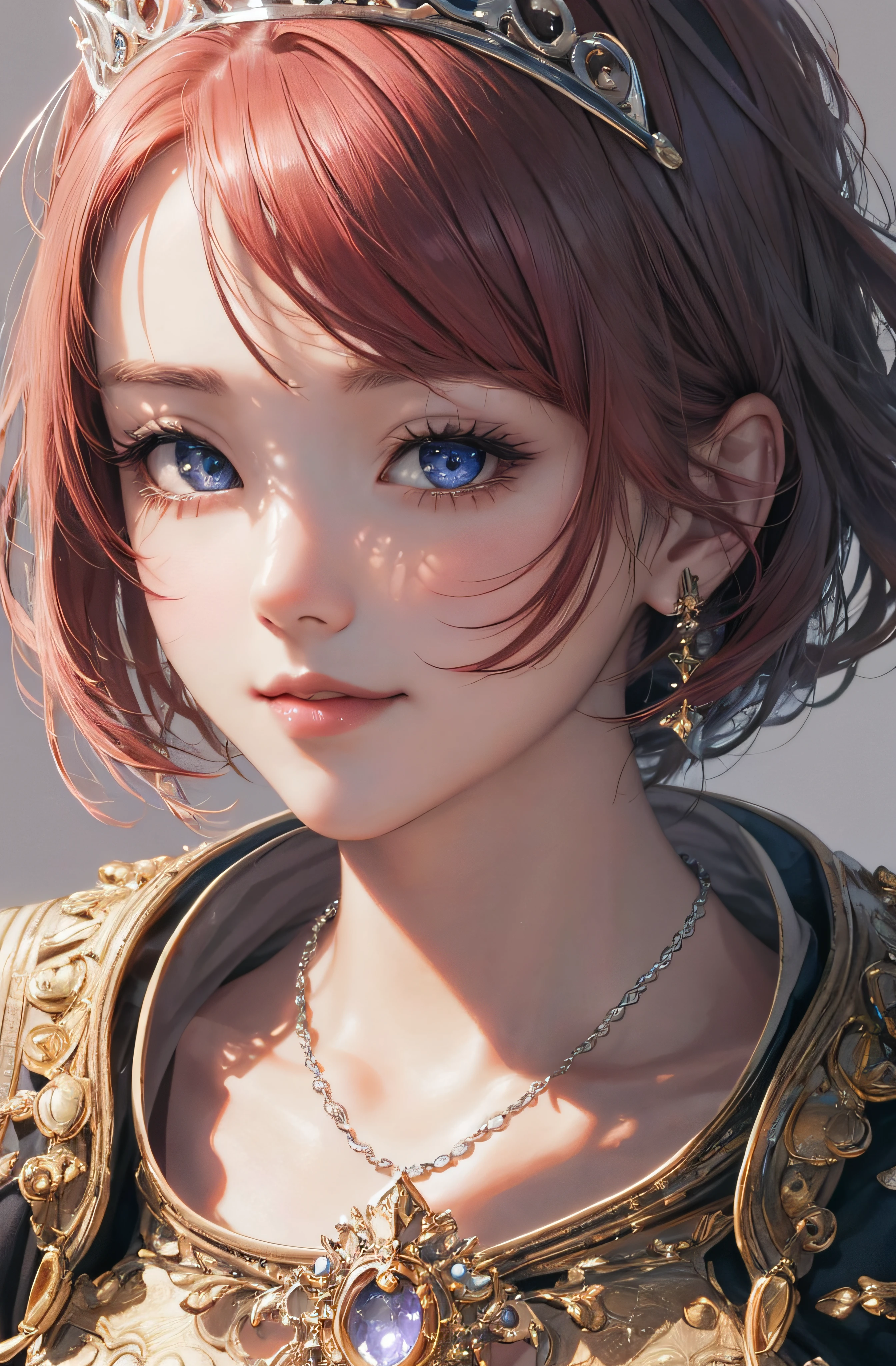 8K、realphoto、超A high resolution, Master Parts, Best Quality, nffsw , cinematic images,Lovely girl、ann、16 only、Anglo-Saxon、二重まぶた、drooing eyes、Very big eyes、Eyes purple、Dark eye shadow、The lips are very thin、The tip of the nose stretches beautifully...............、the tip of the nose is small,,,,, ighly detailed ,Red hair、Straight short hair、ssmile、 Sweet look 、a very beautiful woman、legs are long、 Very clear shadows , jewely , A sexy , A detailed eye, very intricate, shiny skins , Perfect Brilliant, Perfect Lighting, Dramatic shadows、White tiara on head、Silver necklace around the neck