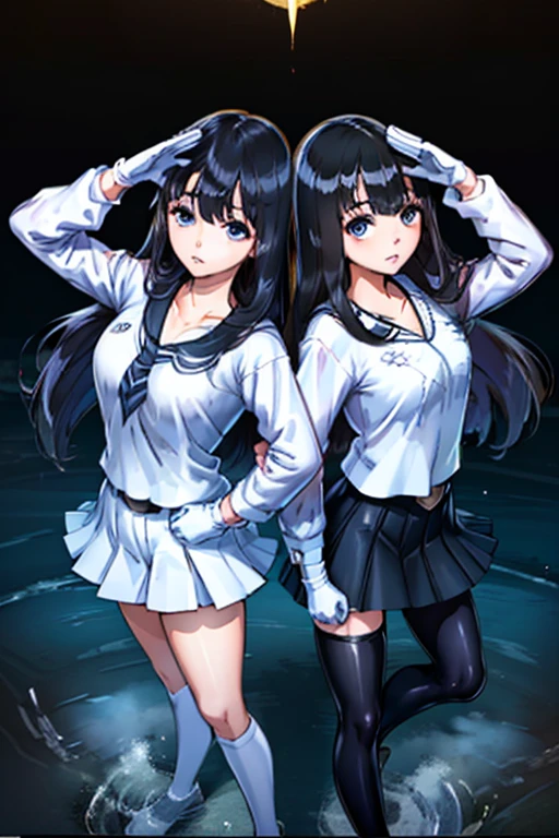 best quality, masterpiece, Highly detailed, illustration, absurdres, military form, White gloves, white jacket, white skirt, white military uniform, white uniform, white hat, belt, standing, girls, standing at attention, multiple girls, Team Squad, expressionless, blank eyes, garter belt, emotionless, corrution, mind control, female combatant, full body, hypnotized, unhappy trance, perfect female body, extremely glossy latex, hypnosis, hypnoLora, empty eyes, Mind control device, thigh high, poses, submissive_pose, rubber bodysuit, nazi saluting, military, military saluting, salute, Bleach, Quincy, thighhighs, tight miniskirt, tie, garter belt, black hair, blue eyes, blue reflection, Kasuga Shiho, Long hair, reflector, nose hook, makeup, lipstick, blue lips, eyelashes, purple lips, nose