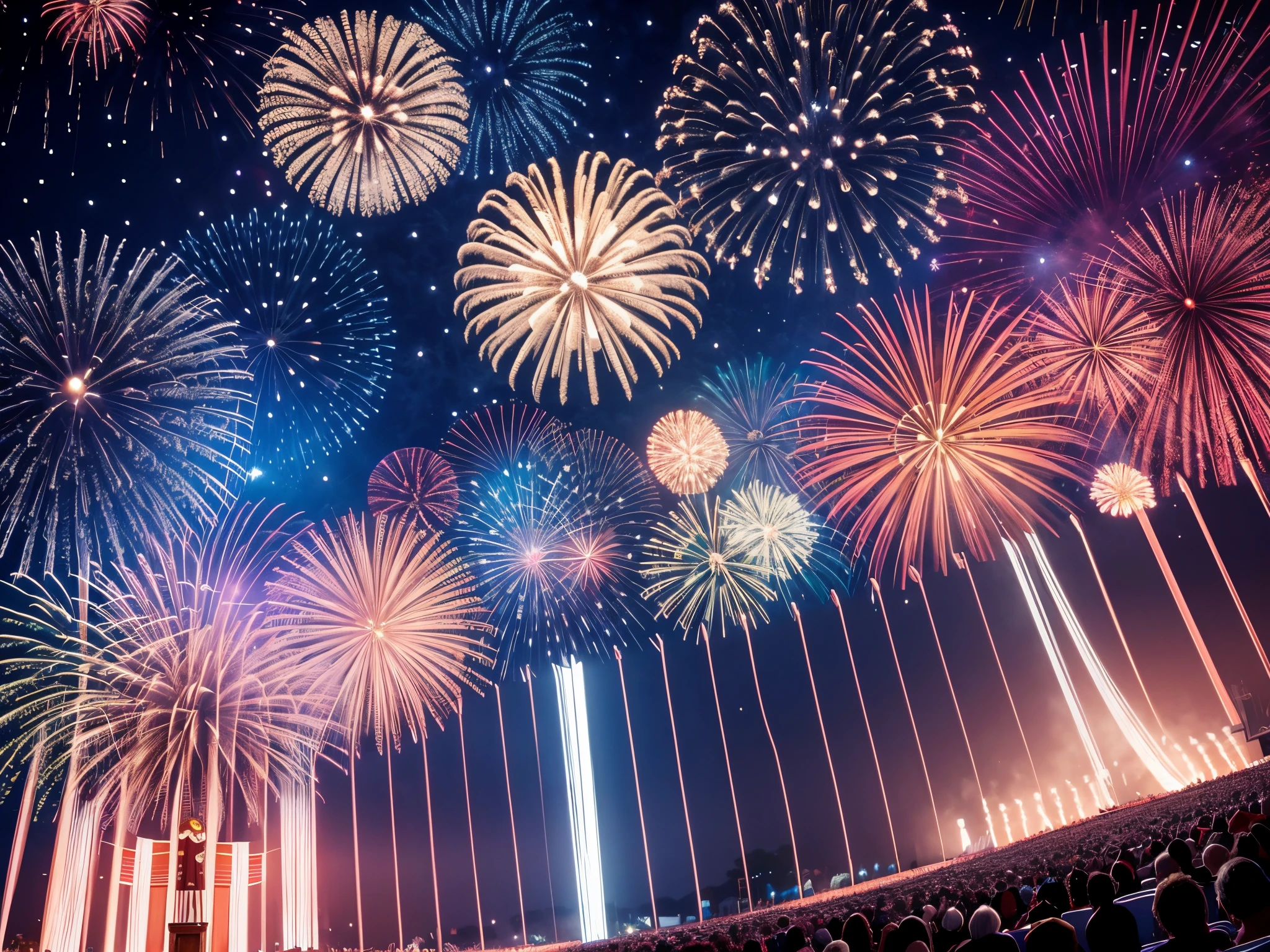 Illustrate a patriotic orchestra performing beneath a sky filled with fractal fireworks, harmonizing the spirit of Independence Day with a visual and musical spectacle. enormous tits