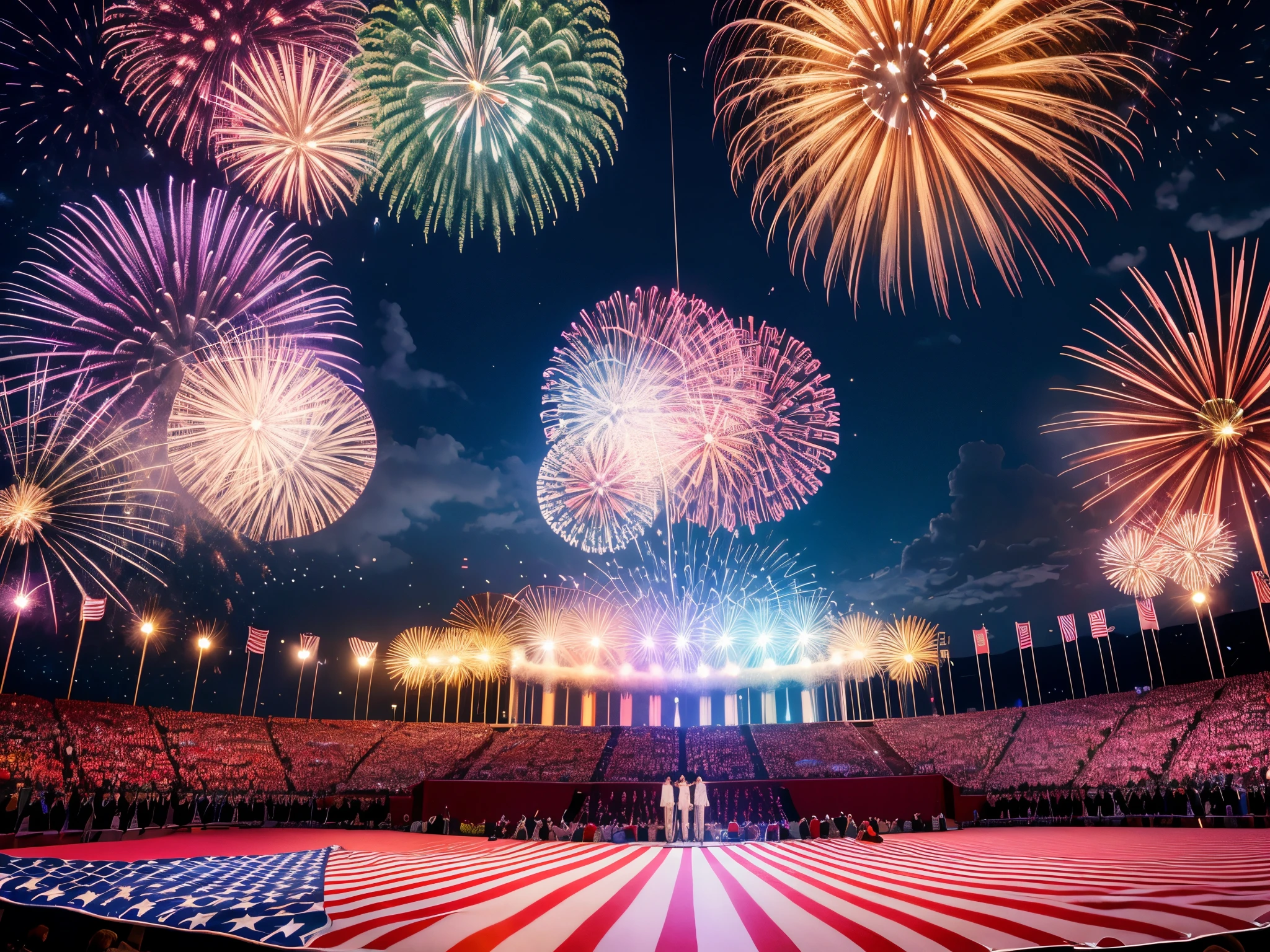 Illustrate a patriotic orchestra performing beneath a sky filled with fractal fireworks, harmonizing the spirit of Independence Day with a visual and musical spectacle. enormous tits