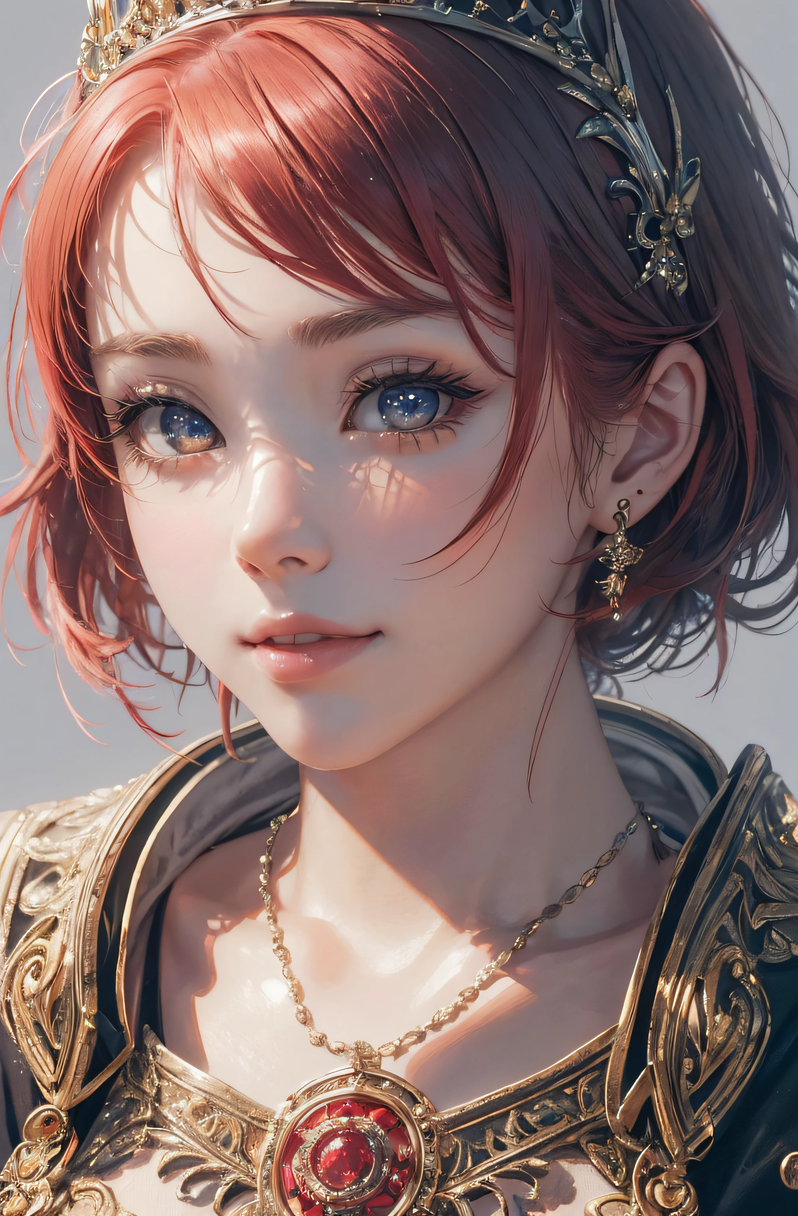 8K、realphoto、超A high resolution, Master Parts, Best Quality, nffsw , cinematic images,Lovely girl、ann、16 only、Anglo-Saxon、二重まぶた、drooing eyes、Very big eyes、Eyes are red、Dark eye shadow、The lips are very thin、The tip of the nose stretches beautifully..............、the tip of the nose is small,,,,, ighly detailed , Red hair、Straight short hair、ssmile、 Sweet look 、a very beautiful woman、legs are long、 Very clear shadows , jewely , A sexy , A detailed eye, very intricate, shiny skins , Perfect Brilliant, Perfect Lighting, Dramatic shadows、White tiara on head