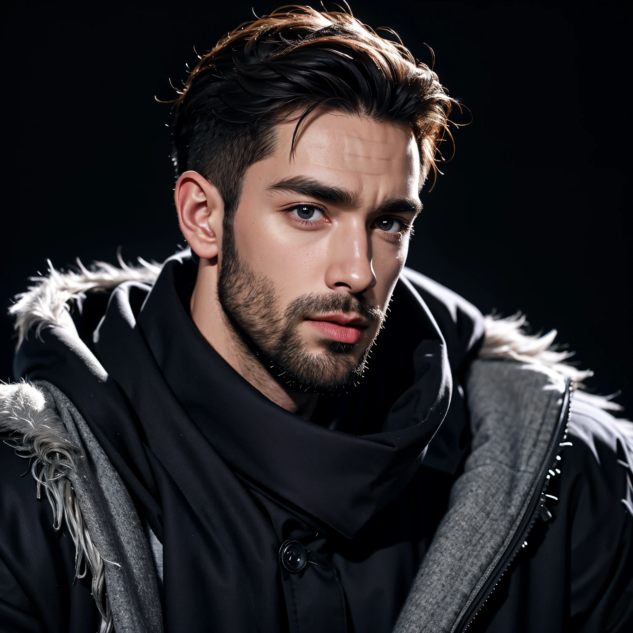 handsome British male, wide jaw, beard, upper body portrait, winter coat, black background, photorealism