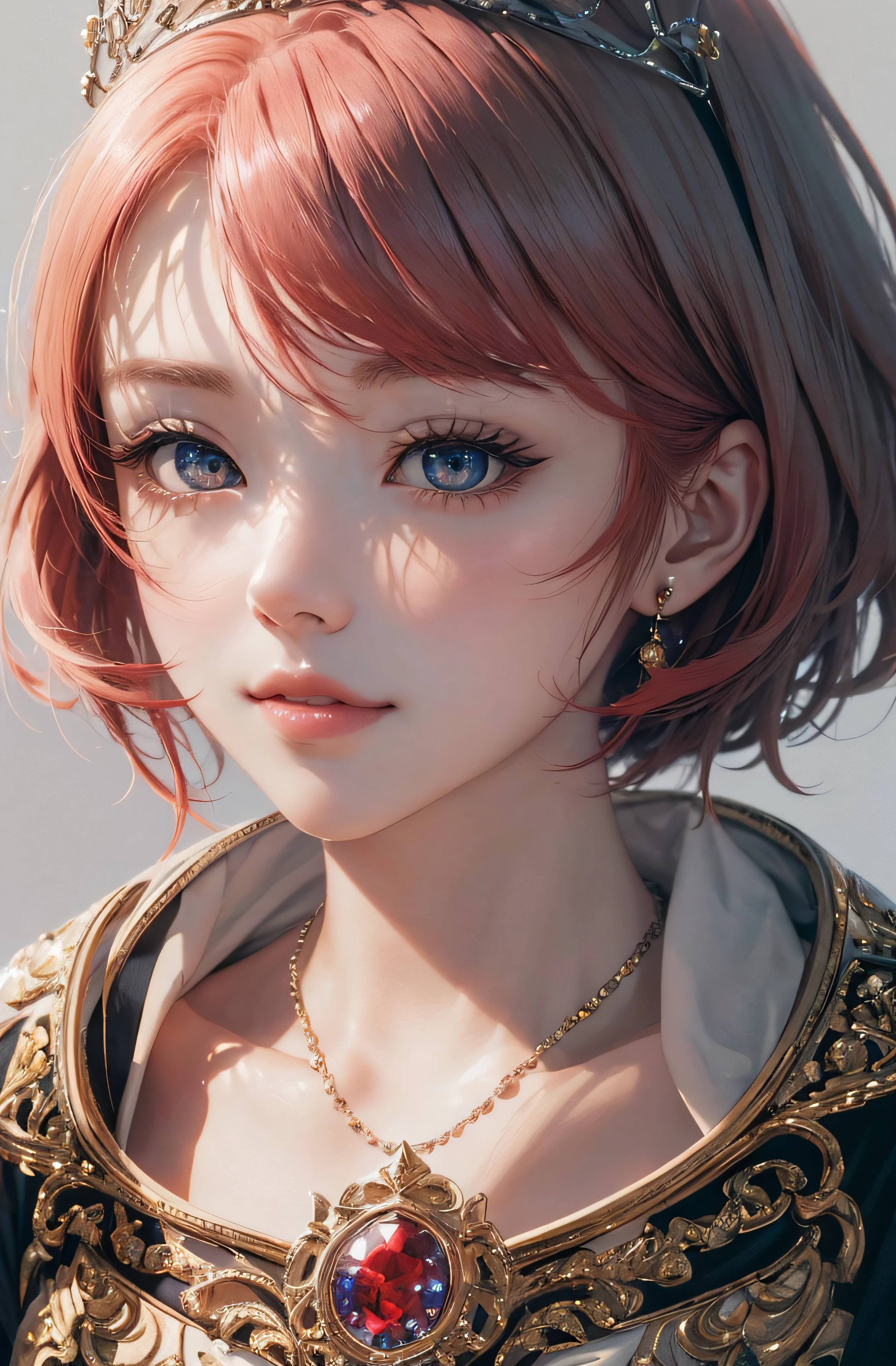 8K、realphoto、超A high resolution, Master Parts, Best Quality, nffsw , cinematic images,Lovely girl、ann、16 only、Anglo-Saxon、二重まぶた、drooing eyes、Very big eyes、Eyes are red、Dark eye shadow、The lips are very thin、The tip of the nose stretches beautifully..............、the tip of the nose is small,,,,, ighly detailed , Red hair、Straight short hair、ssmile、 Sweet look 、a very beautiful woman、legs are long、 Very clear shadows , jewely , A sexy , A detailed eye, very intricate, shiny skins , Perfect Brilliant, Perfect Lighting, Dramatic shadows、White tiara on head