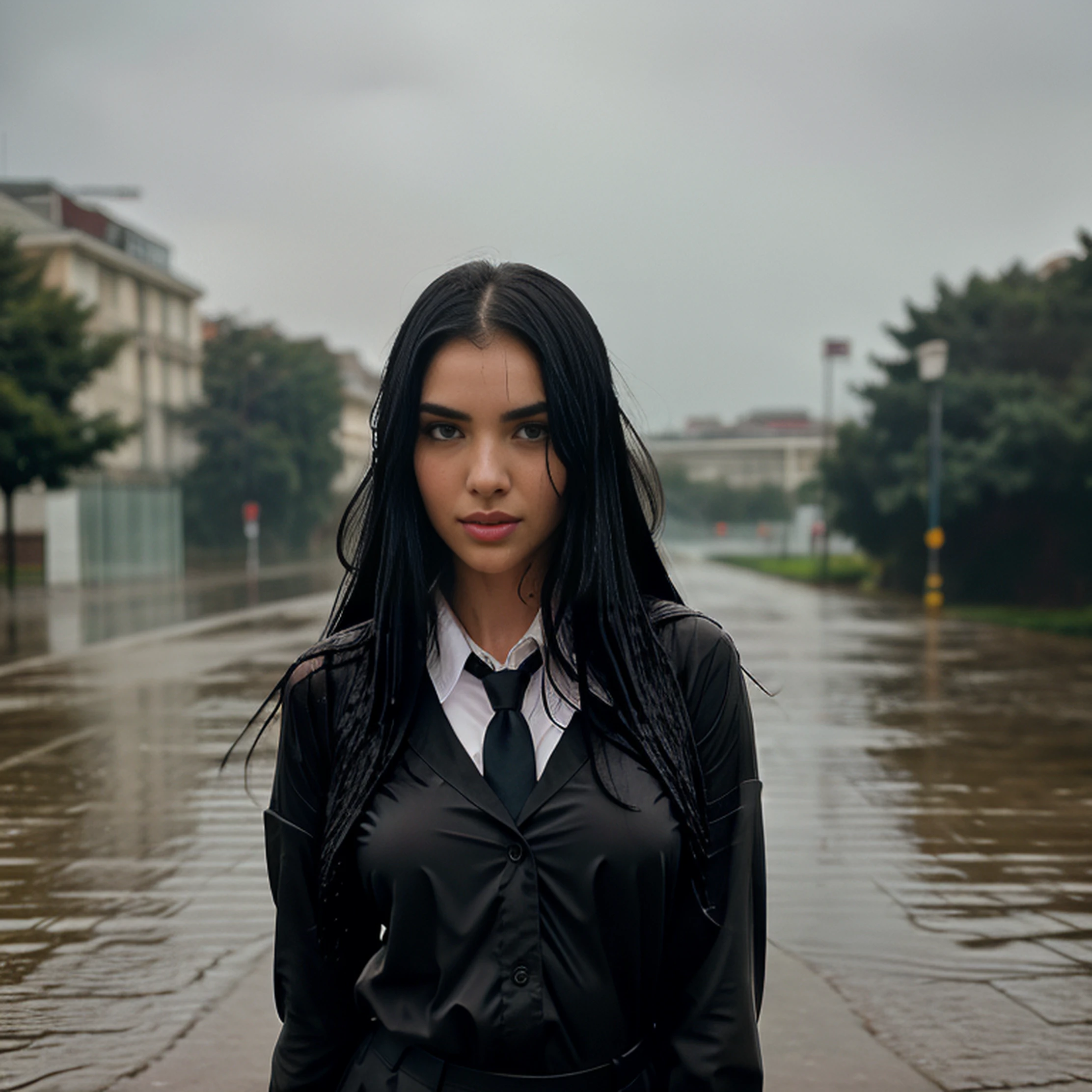 1girl, long black hair,schoolgirl uniform, shy, blush, wet, rain, transparent, (masterpiece, best quality), soft light, cinematic composition, cinematic light