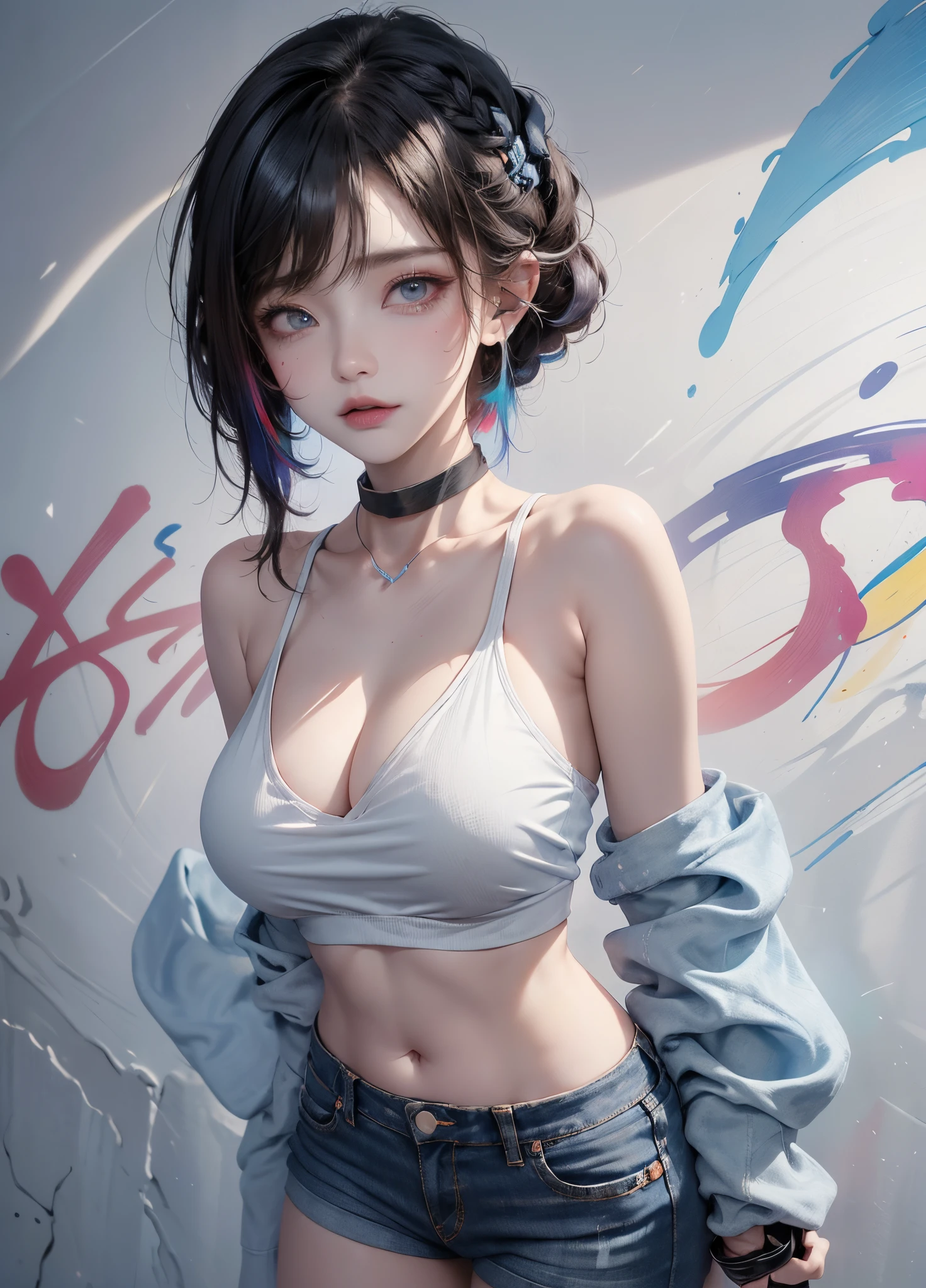 tmasterpiece, Best quality, 1个Giant Breast Girl, 独奏, short crop top, denim short, choker necklace, (scribbles:1.5), paint splatter, Arms behind, against a wall, looking at viewert, armlets, thigh band, Paint on the body, tilt of the head, having fun, Colorful hair, Water-colored eyes, Earphone,graffiti wall