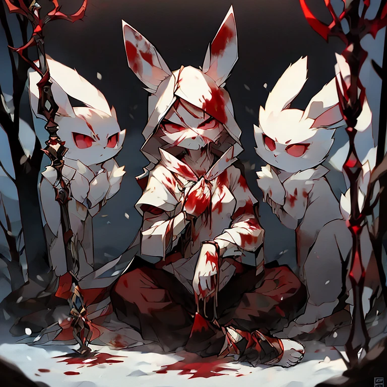 ( female white bunny)   ( forest cover in snow  )  ( body covered in blood) ( death glare  )  ( sitting )   (Black pants with red symbol on it )   (red eyes ) ( staff in the Snow) ( red eyes surrounded her ) ( emotionless in the eyes) ( wiping the blood off her face with her arm) ( detail)  ( Dead body )