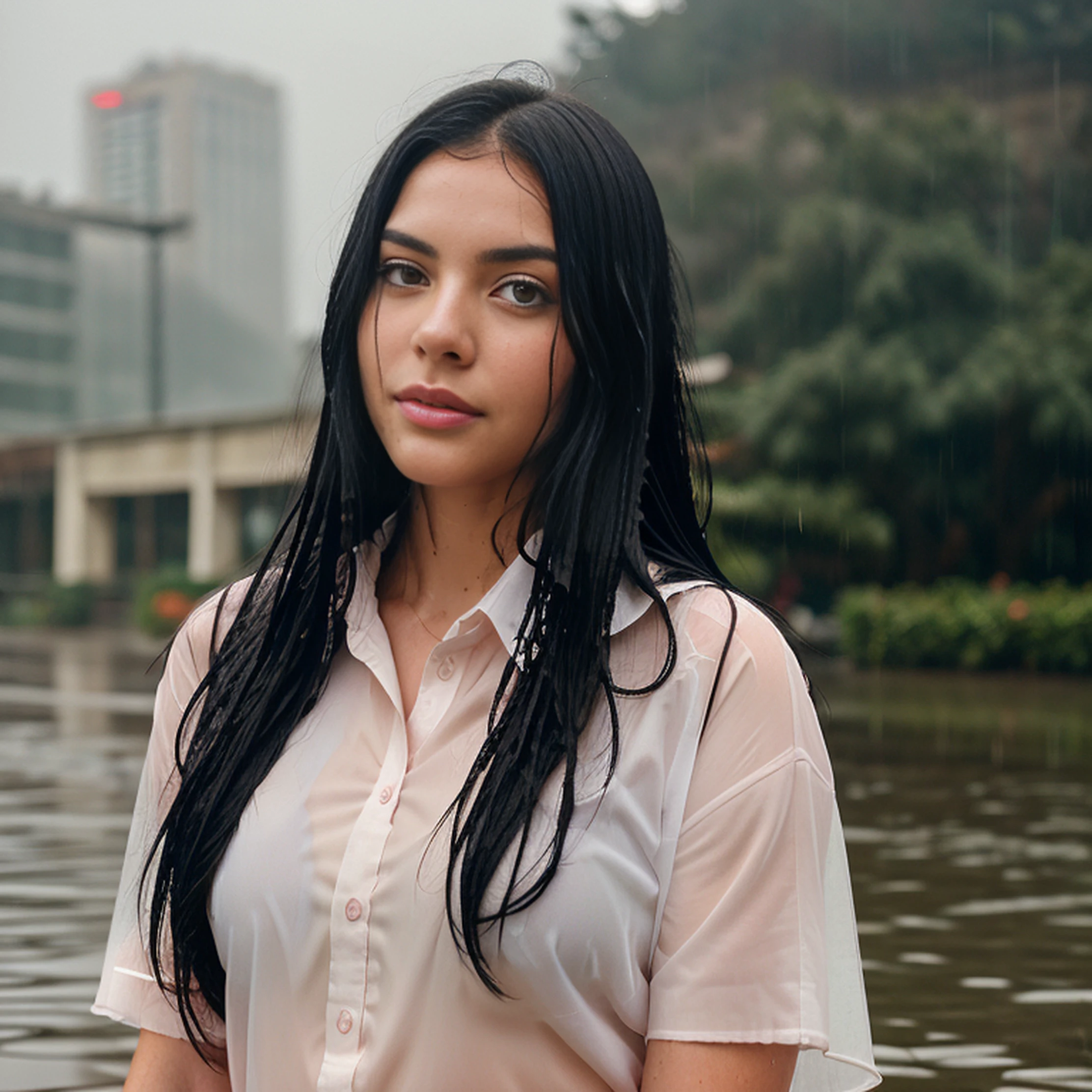 1girl, long black hair,schoolgirl uniform, shy, blush, wet, rain, transparent, (masterpiece, best quality), soft light, cinematic composition, cinematic light