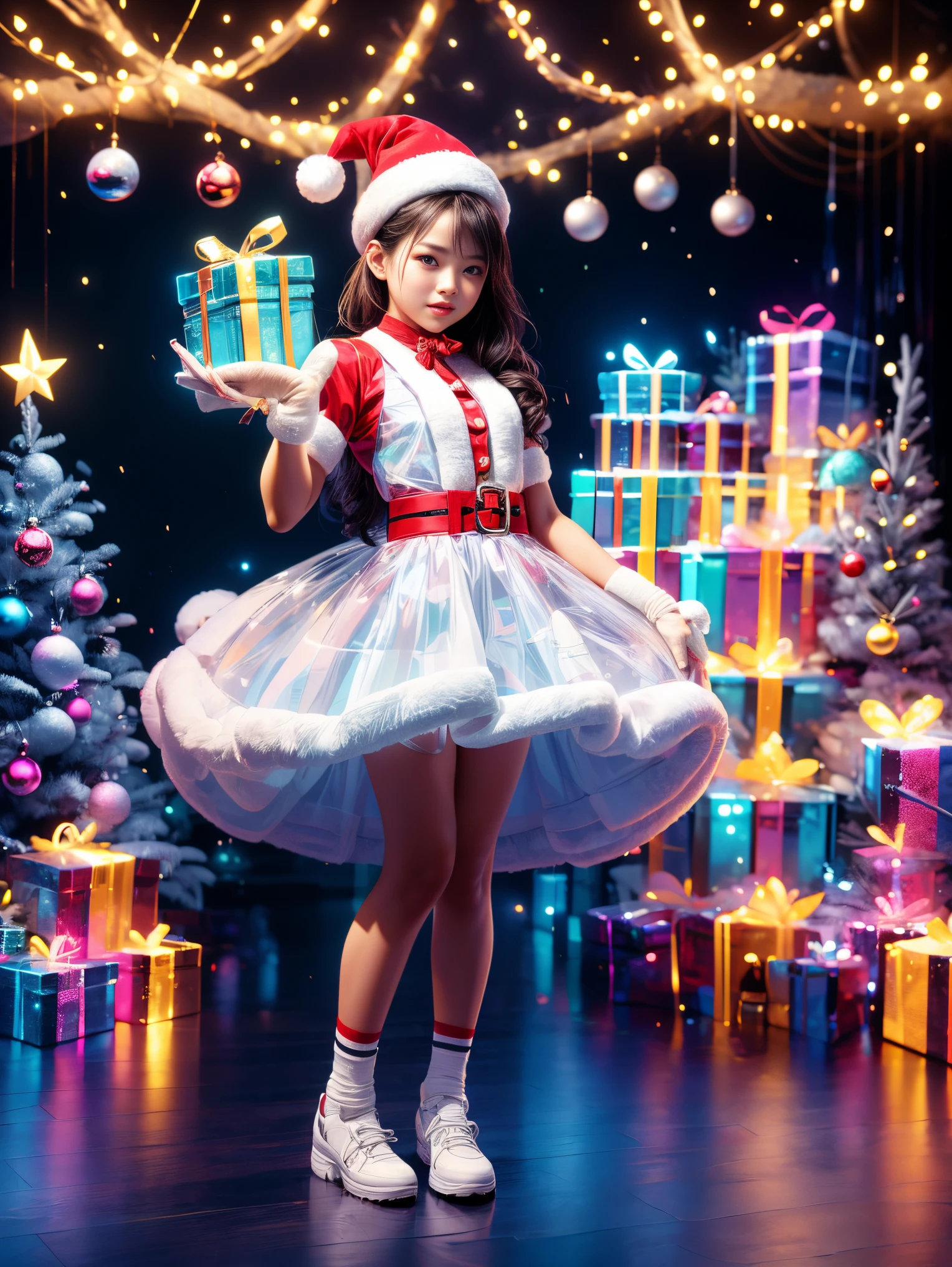 christmas，(1 girl wearing transparent glowing Christmas costume，Wearing a transparent glowing backpack)，(Holding a beautiful Christmas wreath)，Standing in Christmas decorated room