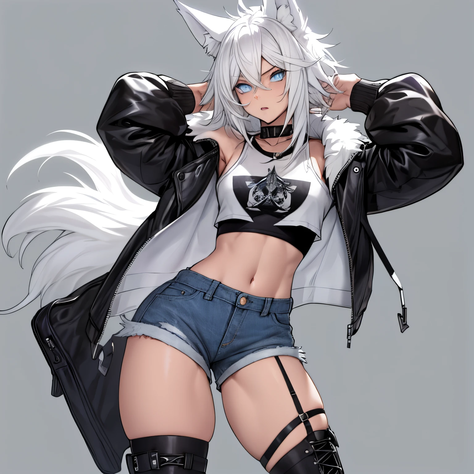 Single boy, Anime Femboy, Short, Long white hair, wolf ears, wolf tail, blue eyes, wearing short denim shorts, thigh high fishnets, black combat boots, wearing fur lined open jacket, flat chest, super flat chest, wearing cropped t-shirt, solo femboy, only one femboy ((FLAT CHEST)) solo, alone, (SOLO)(ALONE) thicc thighs, wide hips, blue eyes, perfect eyes, perfect face, pouty lips, happy