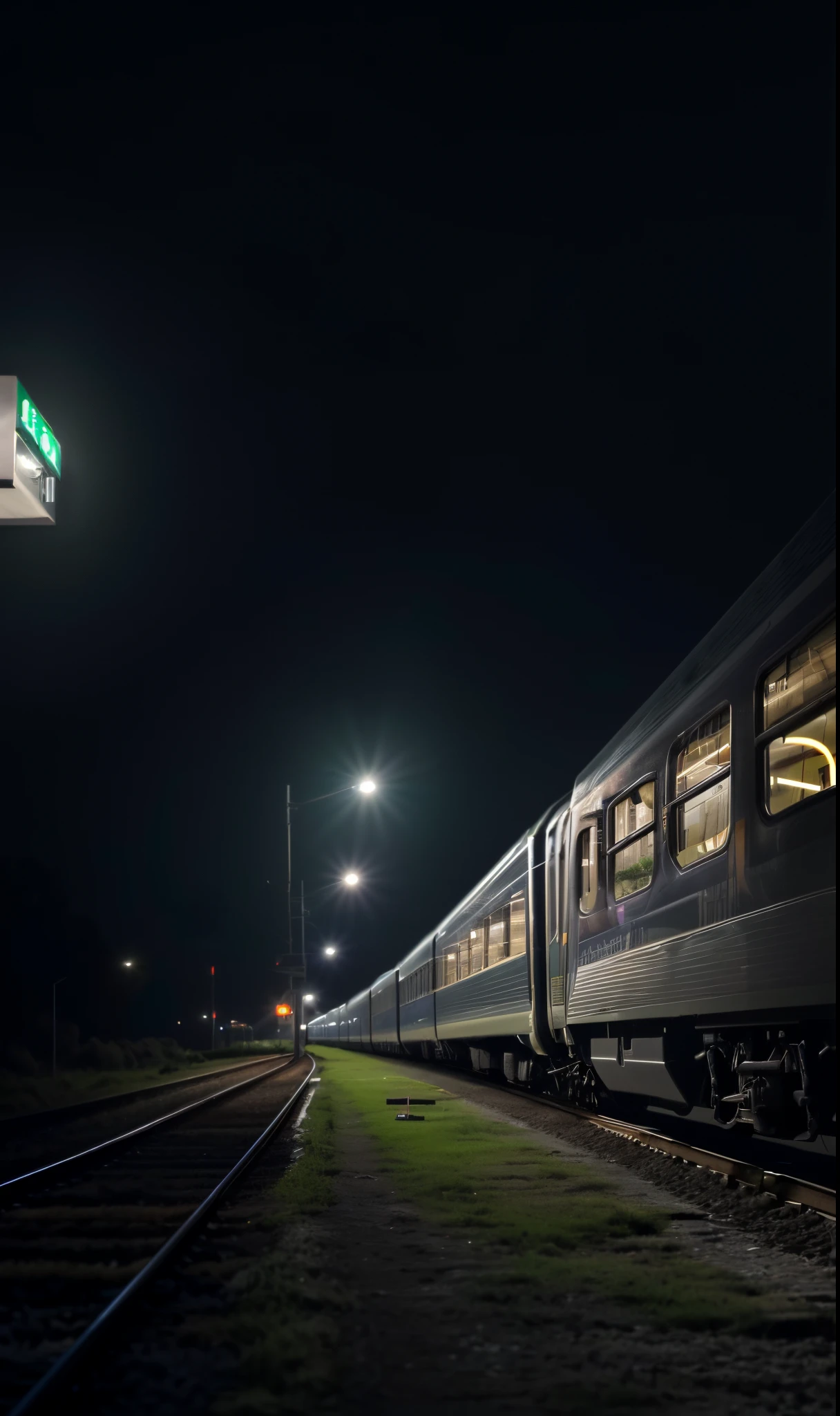 train punctured on a track at night with lights on, train station, foto da noite, late night melancholic photo, Trens, train station background