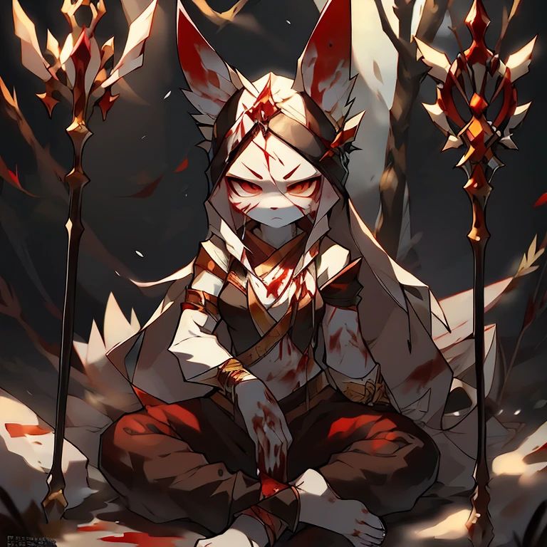 ( female white bunny) ( forest cover in snow ) ( body covered in blood) ( death glare ) ( sitting ) (Black pants with red symbol on it ) (yellow eyes ) ( staff in the Snow) ( red eyes surrounded her ) ( emotionless in the eyes) ( wiping the blood off her face with her arm) ( detail) ( Dead body )