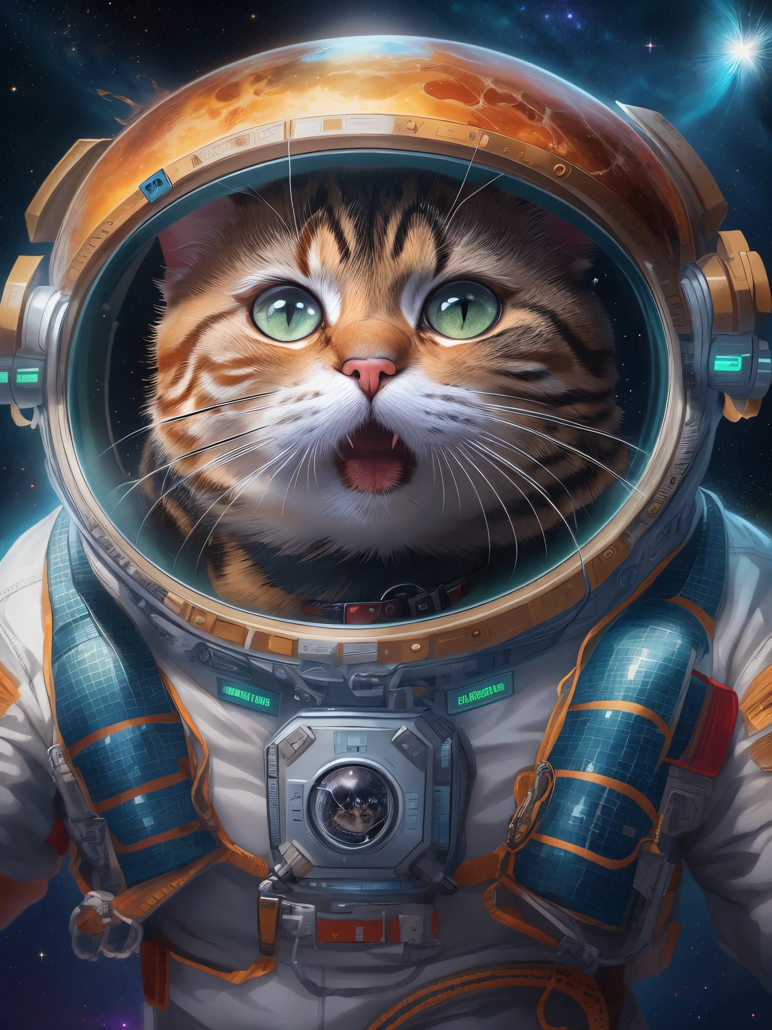 there is a cat that is in a space suit with a shark mouth, planet of the cats, space cat, kittens in outer space, amazing space creature 4 k, cat in space, cat summons a spaceship, cosmic cataclysm, epic fantasy sci fi illustration, cat summoning a spaceship, epic scifi fantasy art, cat from the void