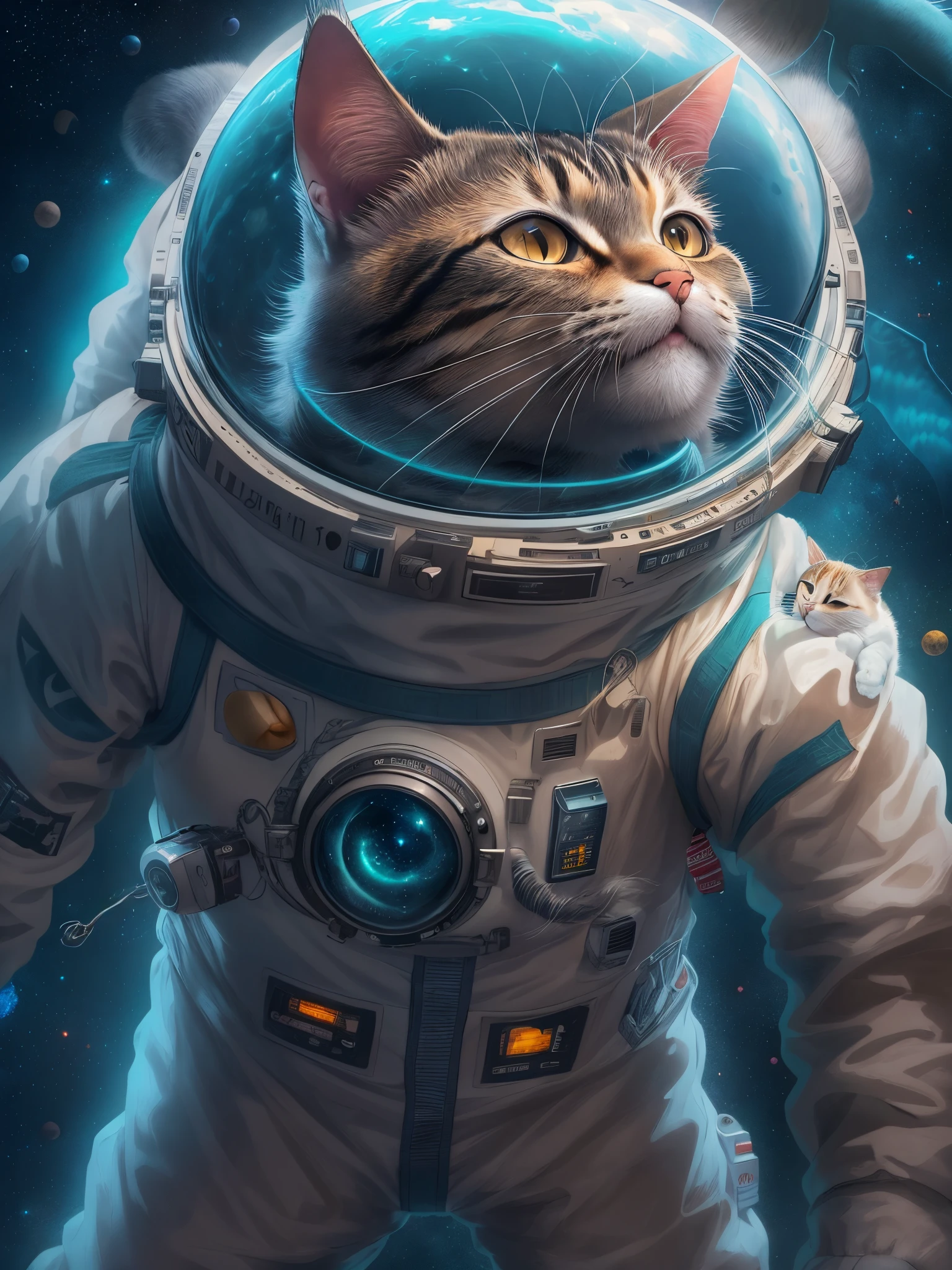 there is a cat that is in a space suit with a shark mouth, planet of the cats, space cat, kittens in outer space, amazing space creature 4 k, cat in space, cat summons a spaceship, cosmic cataclysm, epic fantasy sci fi illustration, cat summoning a spaceship, epic scifi fantasy art, cat from the void