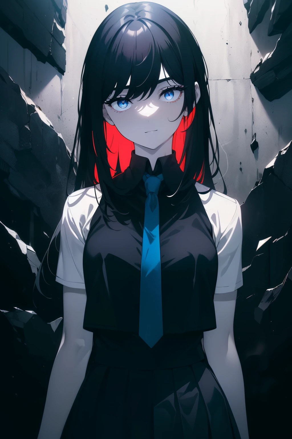 (Obra maestra, La mejor calidad, ultrahigh resolution), 1girl, standing, school uniform, white office shirt, black pleated skirt, ((jet black, jet black hair:0.7), long hair cut, pale skin, ((blue eyes)), glowing_eyes, neon eyes, (ultra detailed eyes, beautiful and detailed face, detailed eyes:0.9), ((centered)), smile, ((wide shot)), facing viewer, eye level, (black background, embers, fire), flat chested, looking at viewer, ((half closed eyes)), ((perfect hands)), (((head, arms, hips, elbows, in view))), ((hands behind back)), empty eyes, beautiful lighting, background, defined subject, 25 years old, perfect anatomy, perfect body