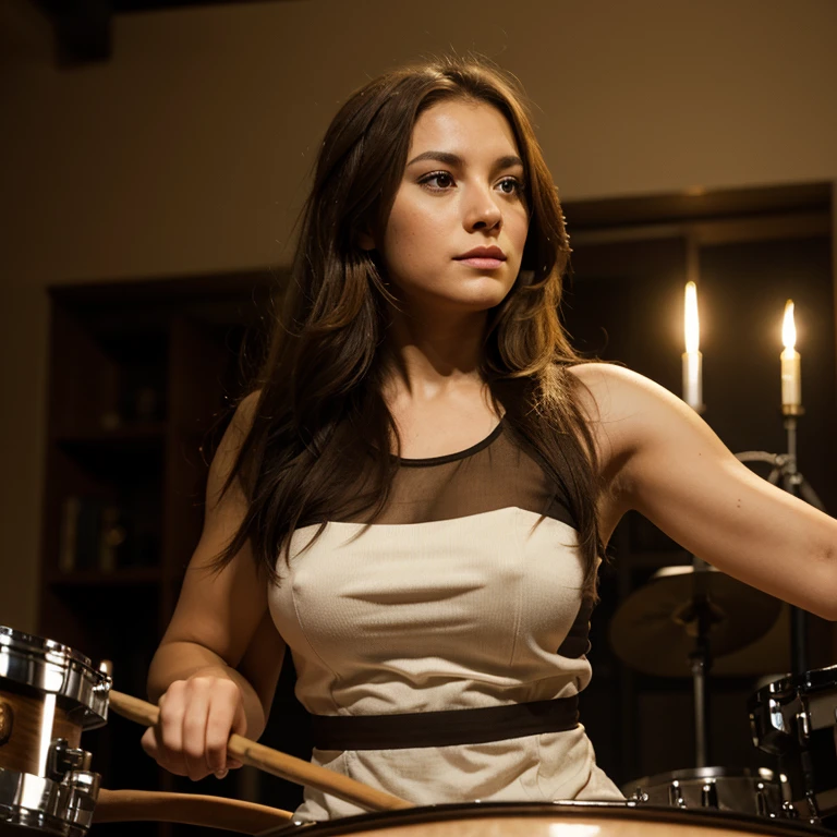 A female percussionist, with brown hair, hazel es