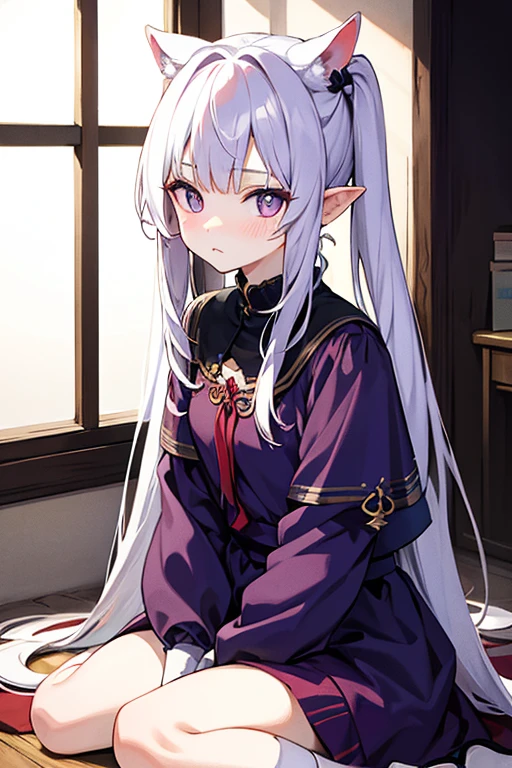 Silvery-white emanation,Double ponytailed hair,calm face,Be red in the face,purple pupils,Wearing white knee-length jk clothes,Sit on your knees,Pouting,Normal ears
