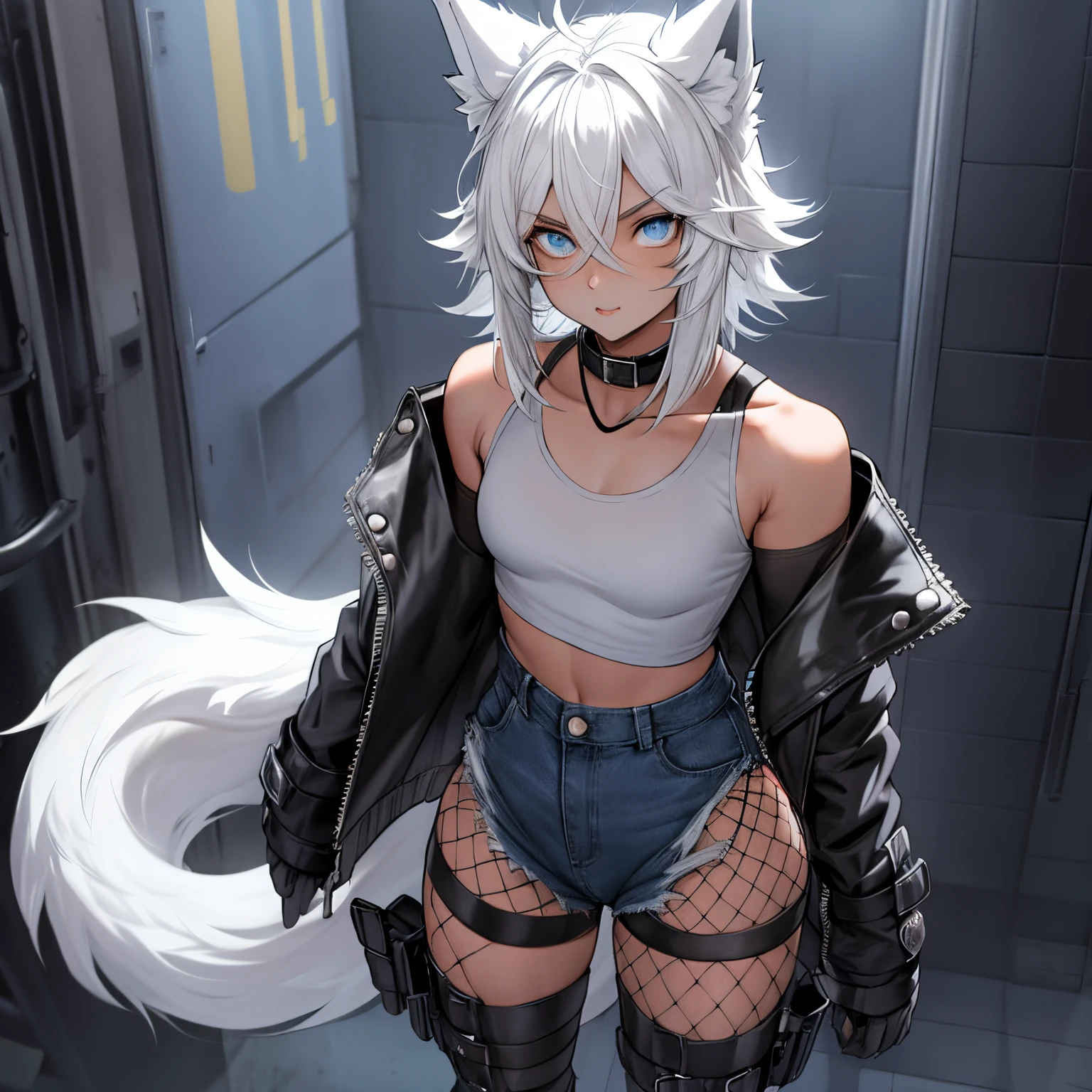 Single boy, Anime Femboy, Short, Long white hair, wolf ears, wolf tail, blue eyes, wearing short denim shorts, thigh high fishnets, black combat boots, wearing fur lined open jacket, flat chest, super flat chest, wearing cropped t-shirt, solo femboy, only one femboy ((FLAT CHEST)) solo, alone, (SOLO)(ALONE) thicc thighs, wide hips, blue eyes, perfect eyes, perfect face, pouty lips, happy