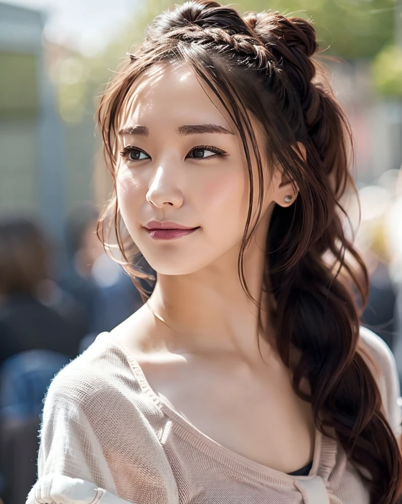 of the highest quality, 1 girl, (Skindentation), (Too huge), (Sun), Bright, Blurred background, Outdoors, (Street: 0.6), (People, Large crowds: 1), (Braided bangs, Wavy Hair: 1.5), (See-through shirt: 1.8), (Camisole: 1.8), Gorgeous hair: 1.2), (Dynamic Pose: 1.8), Soft lighting, Wind, garden