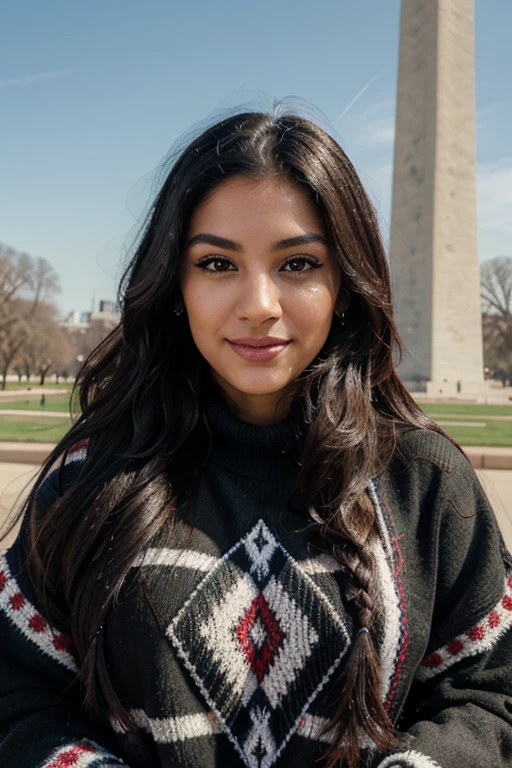 25-year old Mexican-American woman, long wavy black hair, big beautiful eyes, dark eye shadow, dark thick eye brows, thin nose, nose ring, juicy lips, high cheekbones, wearing winter clothes, standing in front of the Washington Monument in Washington DC, smiling, full body shot, super detailed, 8k, intricately maximalist-details, extremely detailed, masterpiece