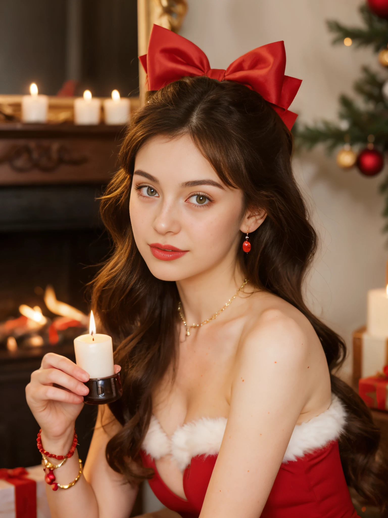1girl, candle, bow, jewelry, solo,open the eyes, red bow, breasts, dress, hair bow, long hair, necklace, earrings, gift, cleavage, christmas, christmas tree, holding, strapless, red dress, strapless dress, brown hair, bare shoulders, indoors, box, gift box, blurry background, blurry, medium breasts, fur trim, candlestand, lips, freckles, upper body, realistic, fire, collarbone, cup, bracelet