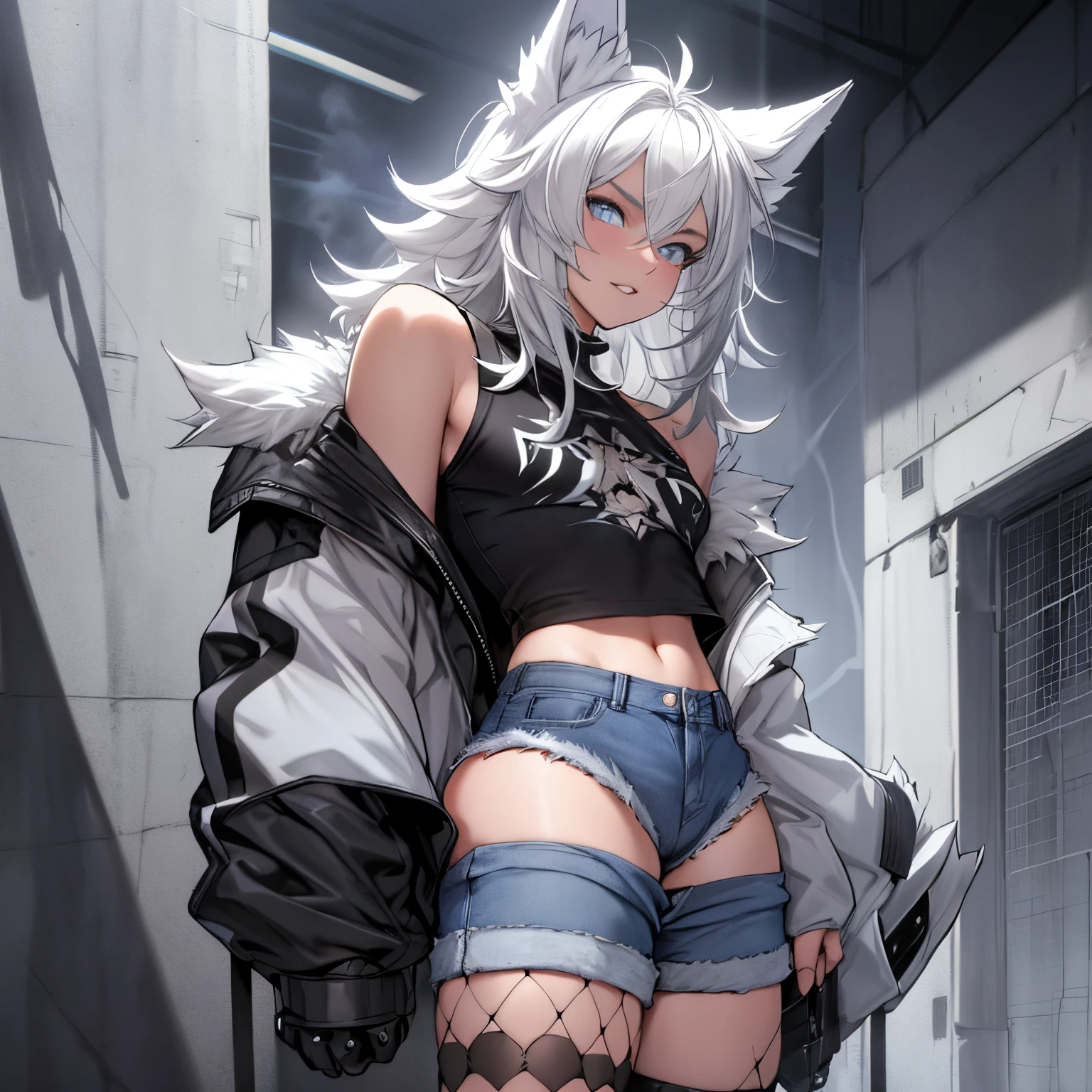 Single boy, Anime Femboy, Short, Long white hair, wolf ears, wolf tail, blue eyes, wearing short denim shorts, thigh high fishnets, black combat boots, wearing fur lined open jacket, flat chest, super flat chest, wearing cropped t-shirt, solo femboy, only one femboy ((FLAT CHEST)) solo, alone, (SOLO)(ALONE) thicc thighs, wide hips, blue eyes, perfect eyes, perfect face, pouty lips, happy